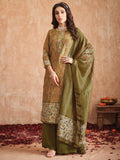 Jyoti Fashion Women's Olive Green Pure Tissue Shimmer Floral Digital Print With Zardoshi Hand Work Salwar Suit Set