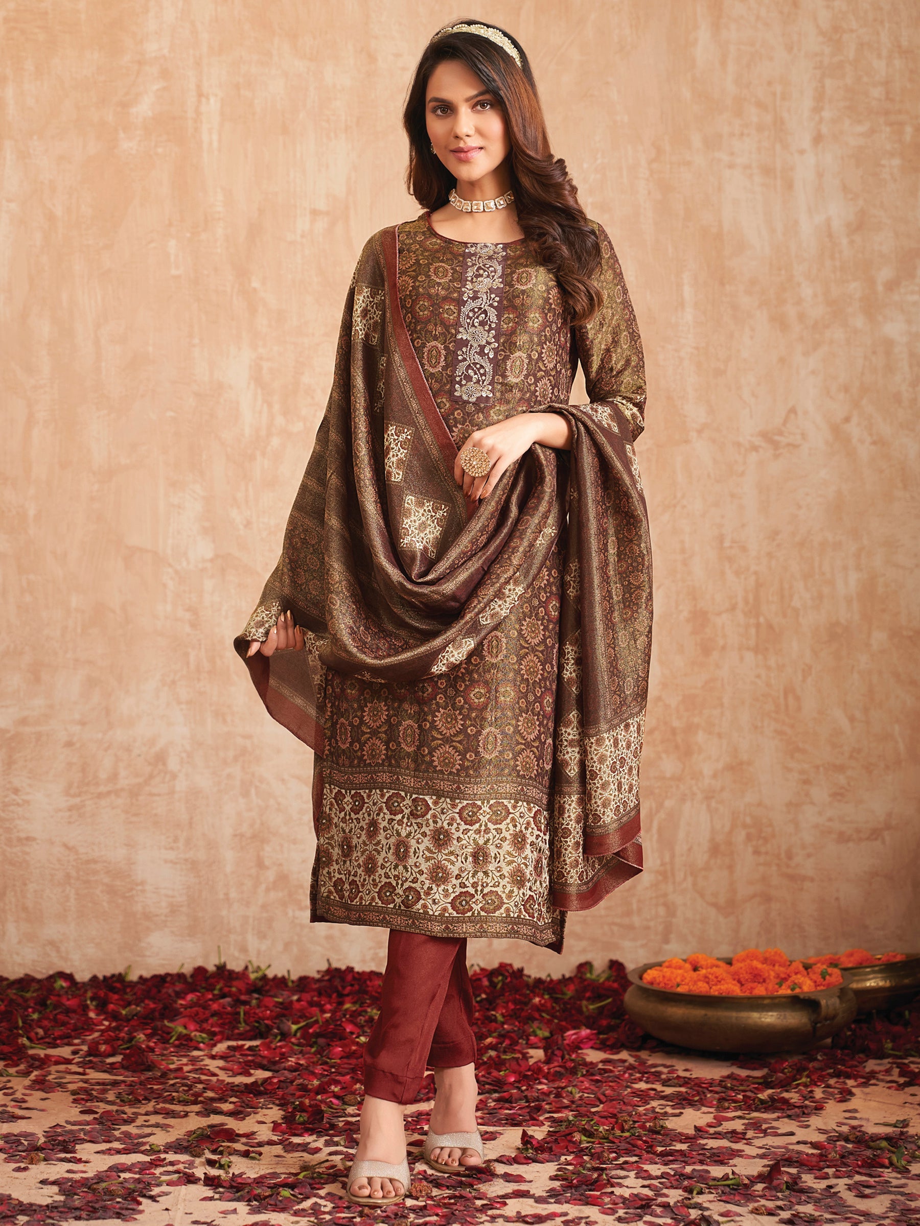 Jyoti Fashion Women's Gold Pure Tissue Shimmer Floral Digital Print With Zardoshi Hand Work Salwar Suit Set