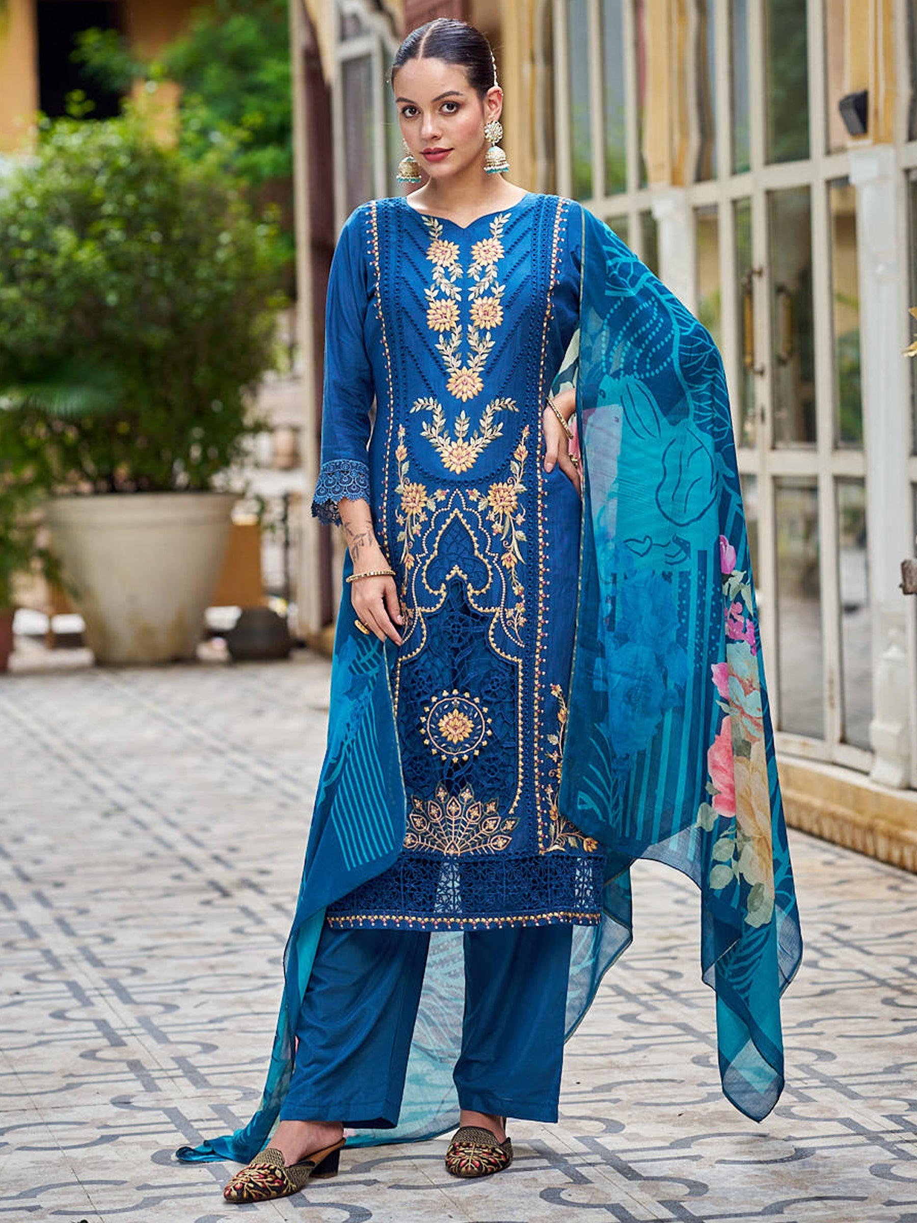 Jyoti Fashion Women's Navy Blue Muslin Resham Thread with Jari & Cut Work Salwar Suit Set
