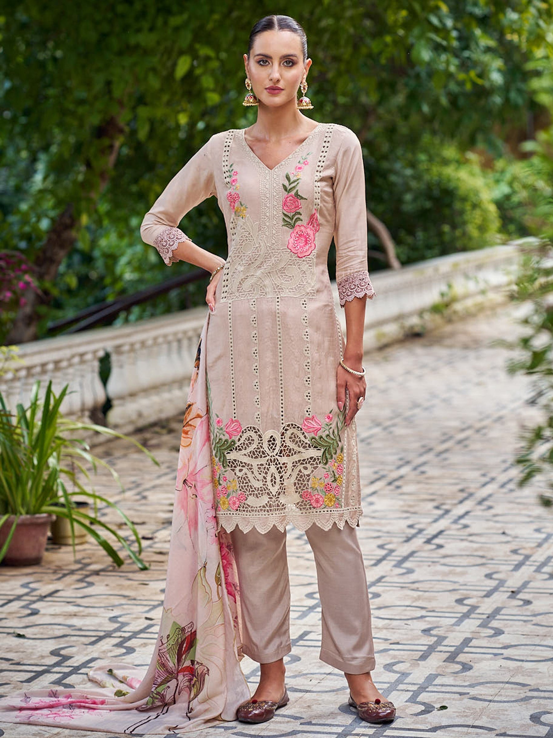 Jyoti Fashion Women's Beige Muslin Resham Thread with Jari & Cut Work Salwar Suit Set