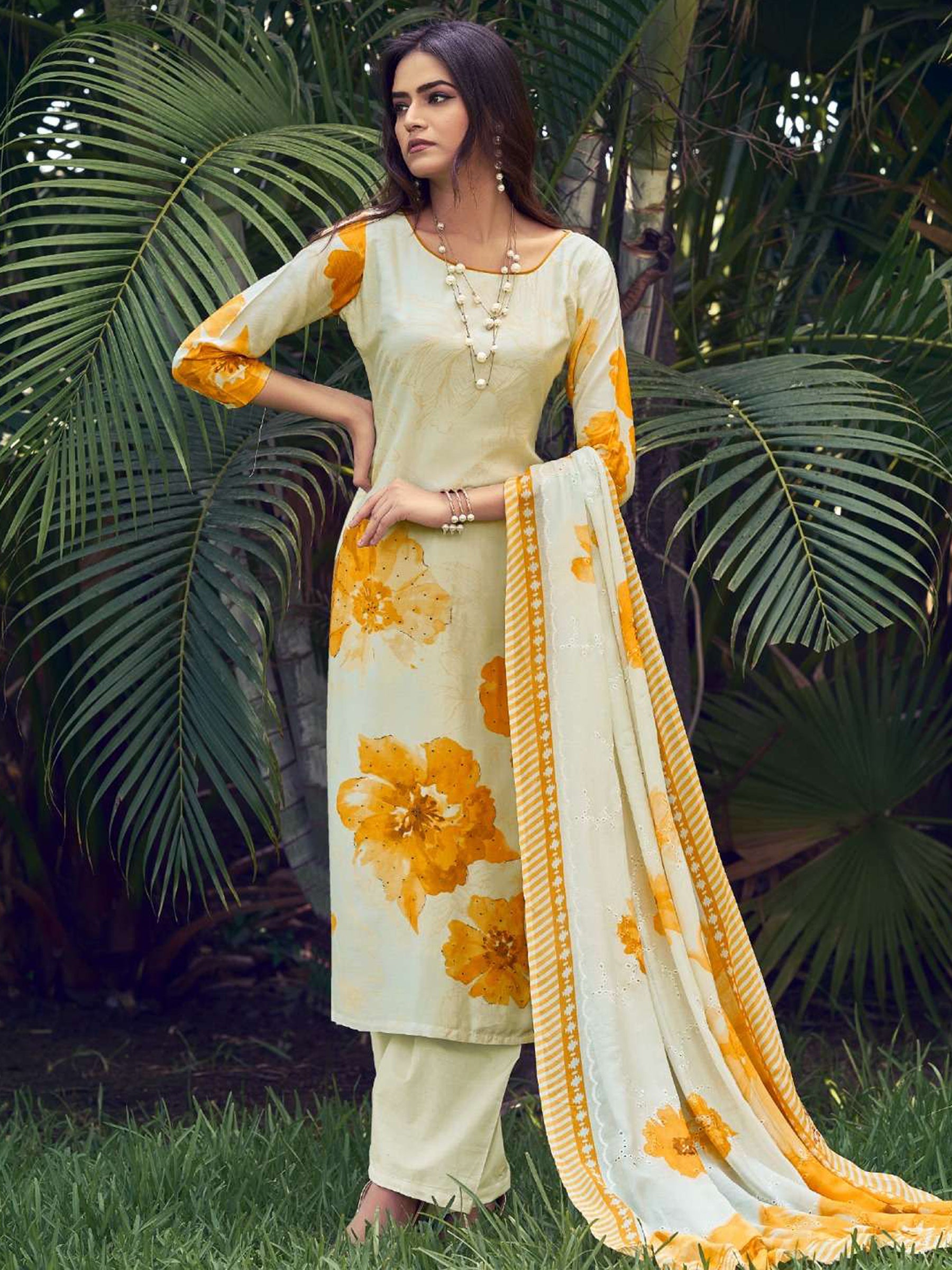 Jyoti Fashion Women's Cream Muslin Floral Digital Print with Sequins Work Salwar Suit Set
