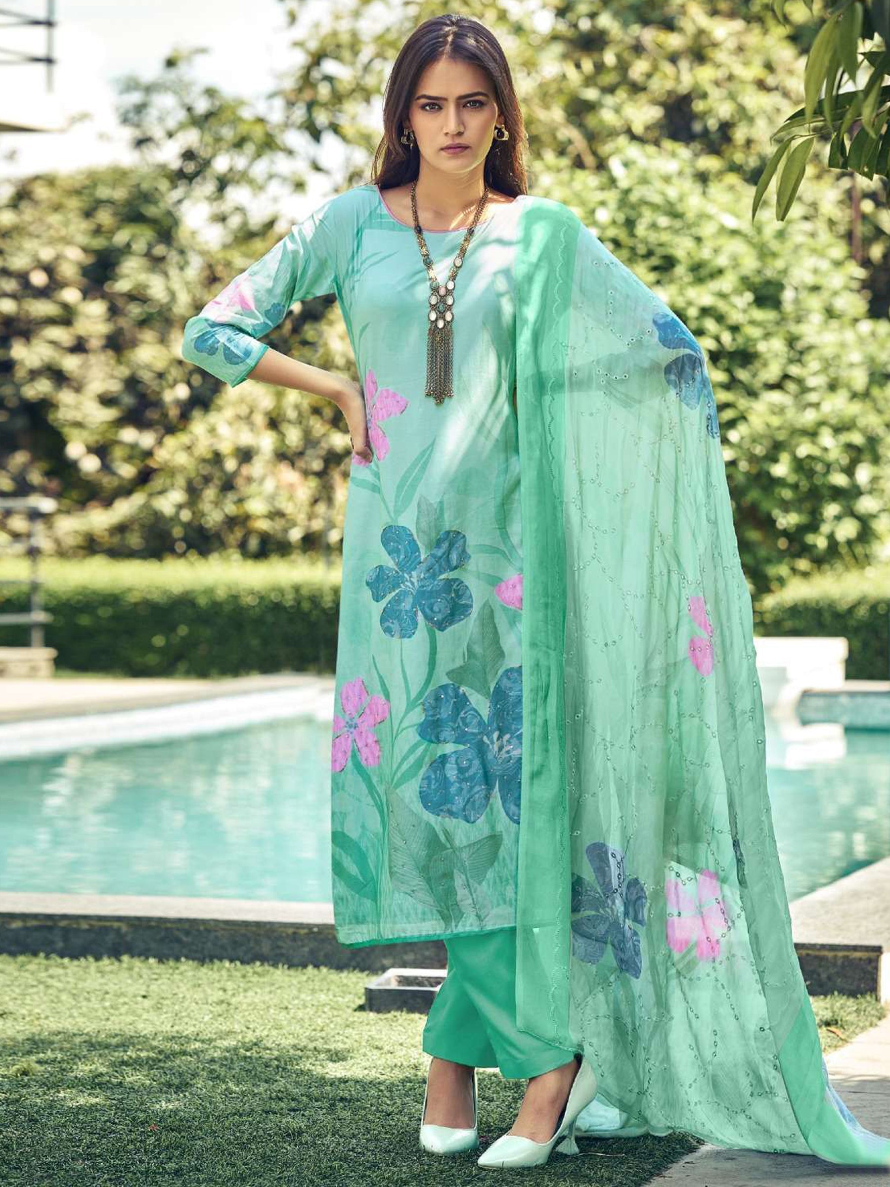 Jyoti Fashion Women's Green Muslin Floral Digital Print with Sequins Work Salwar Suit Set