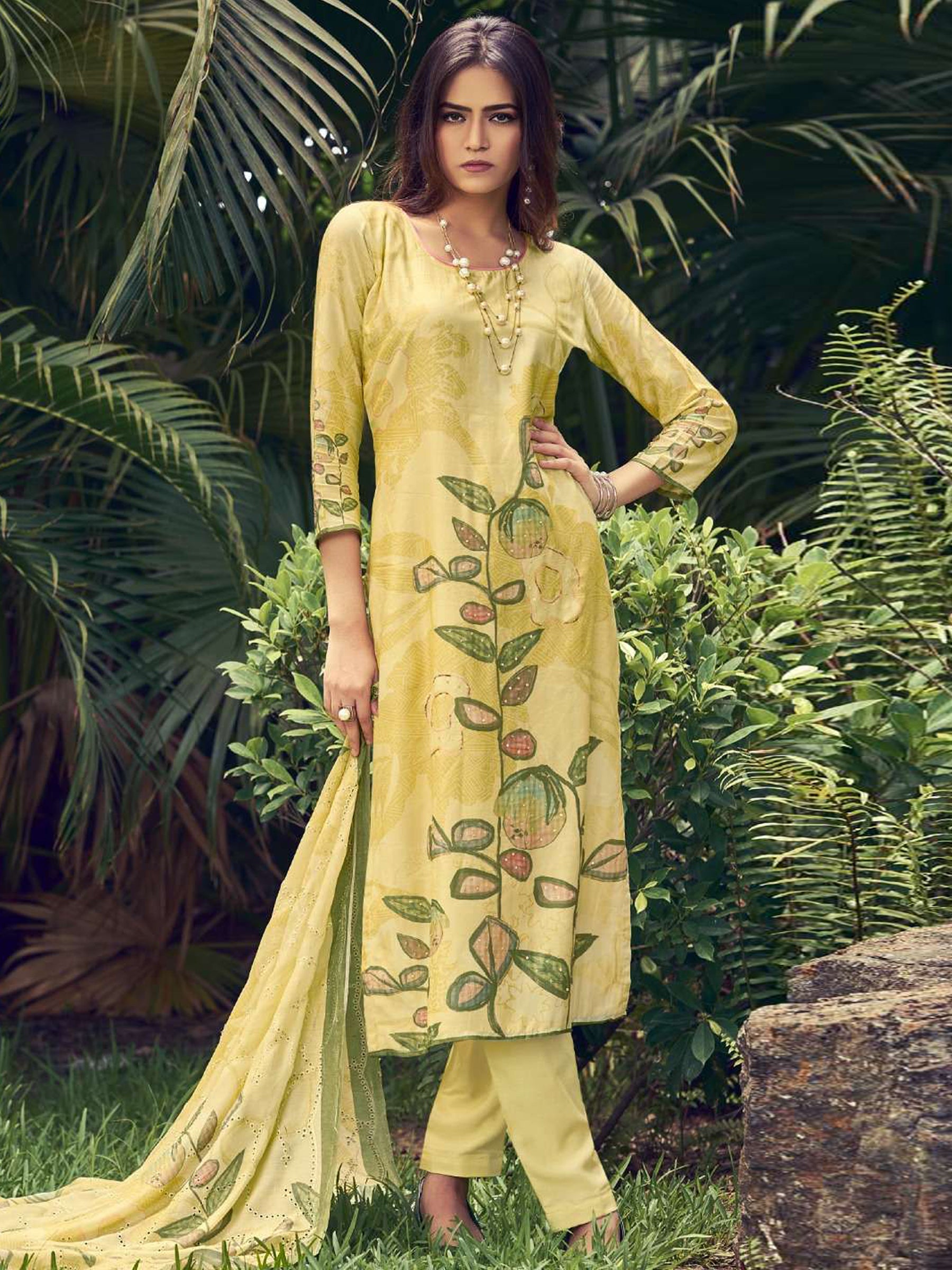 Jyoti Fashion Women's Lemon Yellow Muslin Floral Digital Print with Sequins Work Salwar Suit Set