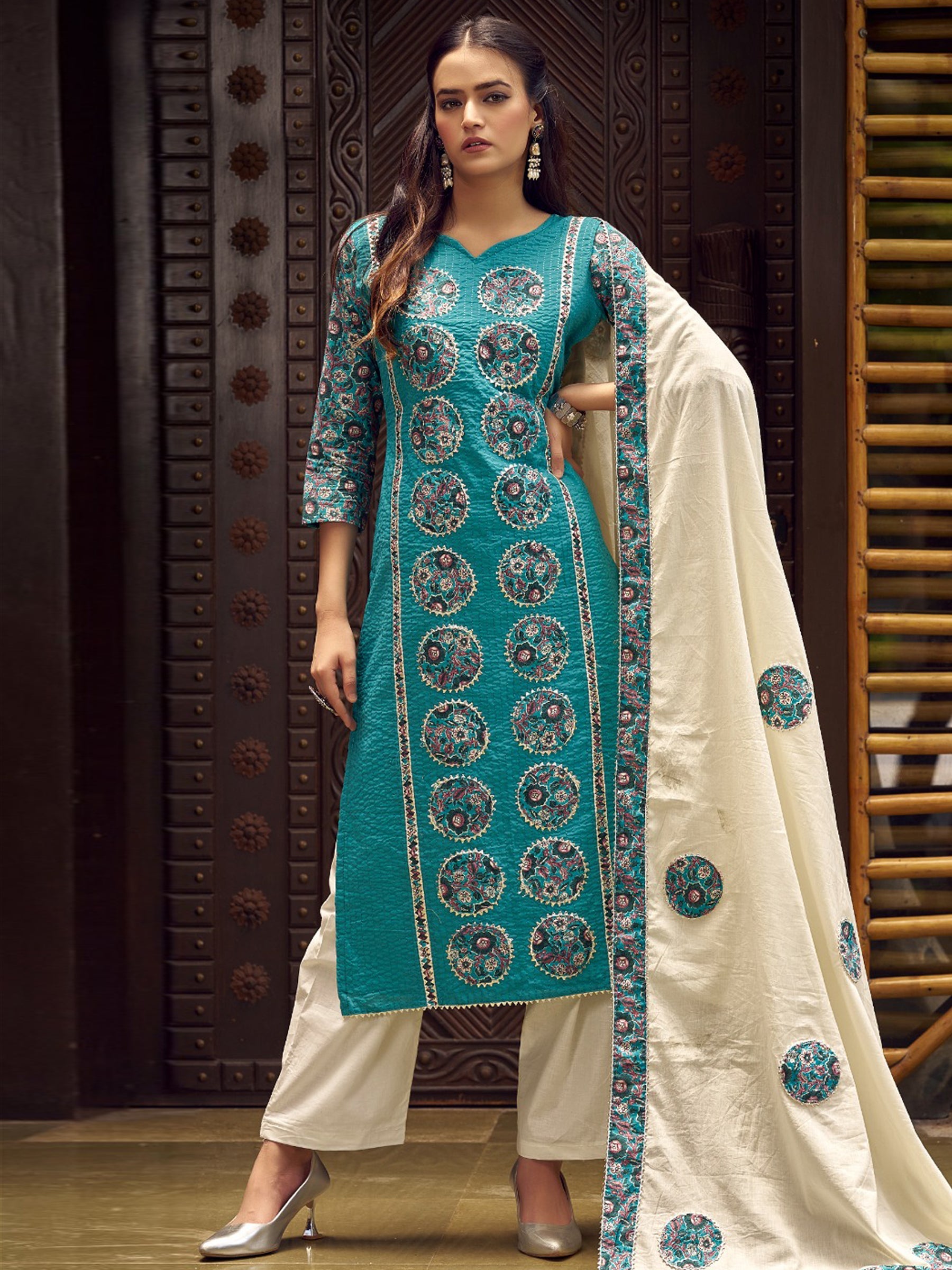 Jyoti Fashion Women's Teal Pure Cotton Digital Printed Salwar Suit Set