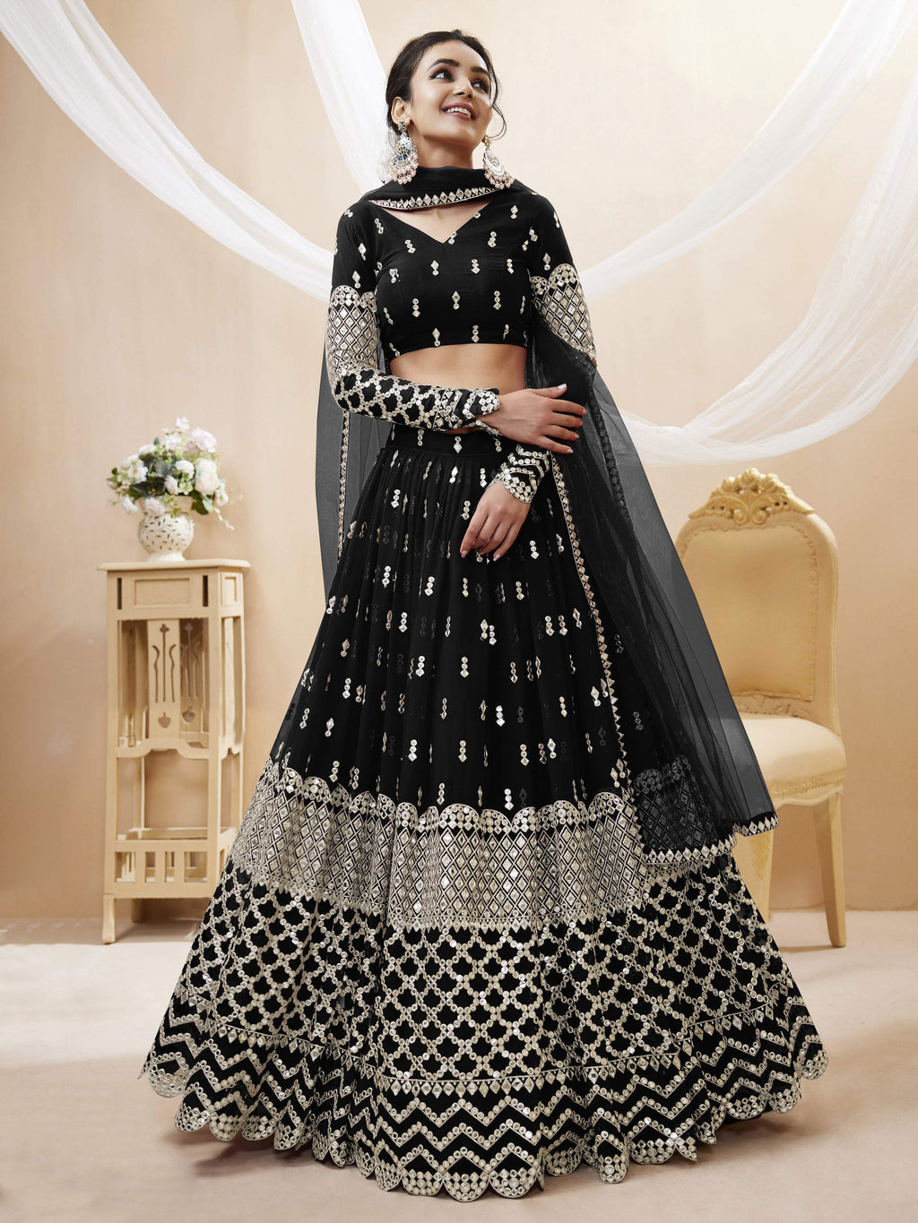 Jyoti Fashion Women's Black Georgette Sequins Zari Embroidered Lehenga Choli & Dupatta