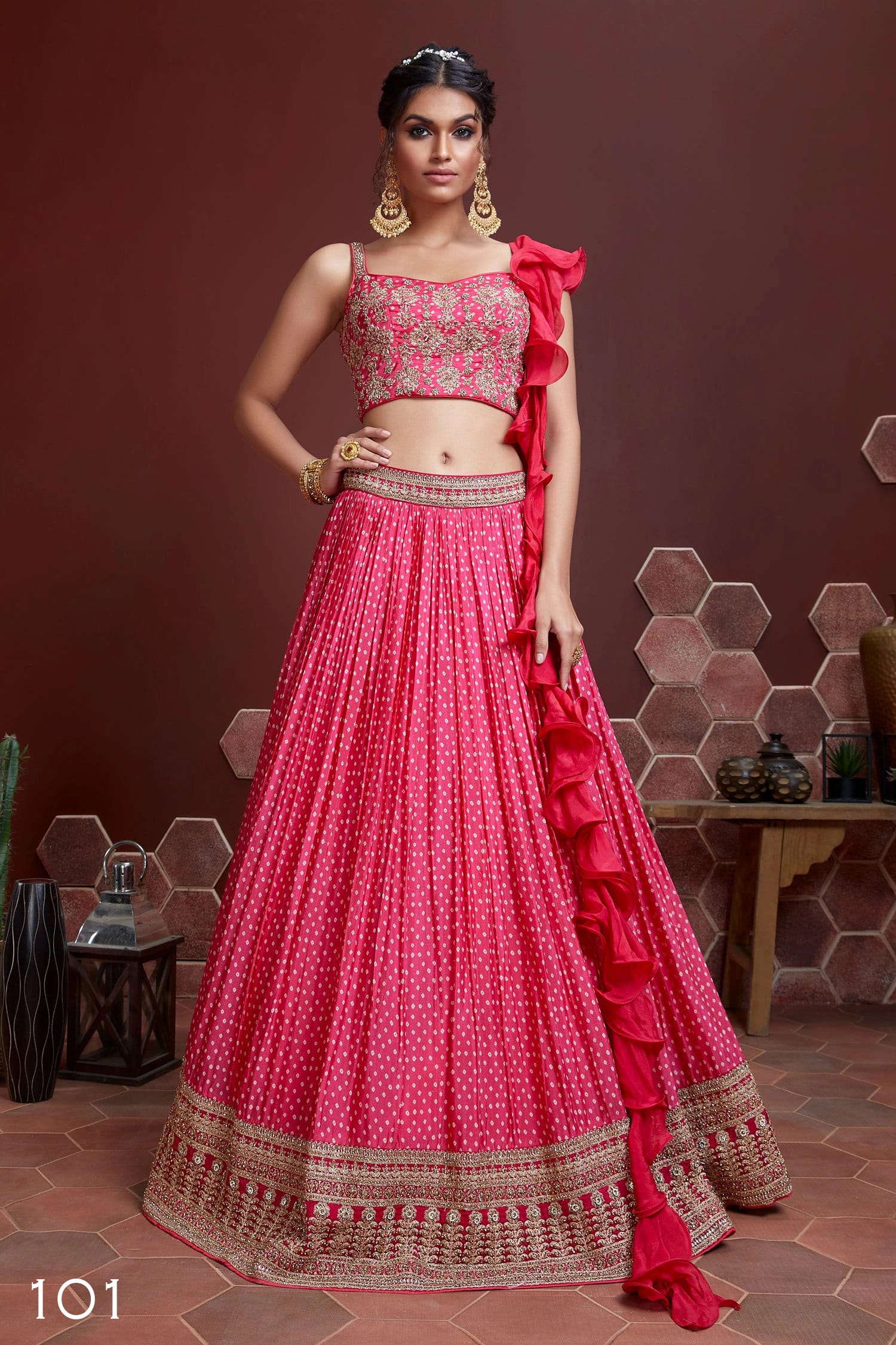 Jyoti Fashion Women's Pink Chinon Silk Digital Print with Heavy Embroidered Lehenga Choli & Dupatta