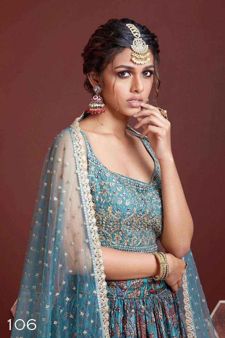 Jyoti Fashion Women's Teal Chinon Silk Digital Print with Heavy Embroidered Lehenga Choli & Dupatta