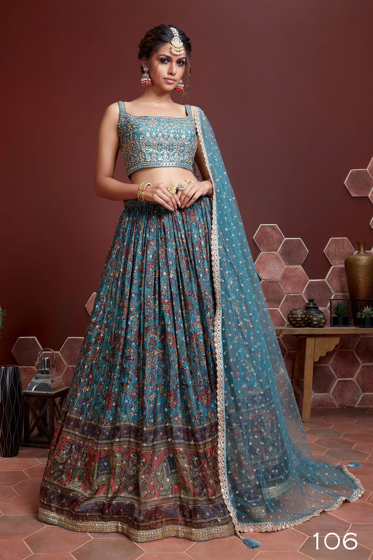 Jyoti Fashion Women's Teal Chinon Silk Digital Print with Heavy Embroidered Lehenga Choli & Dupatta