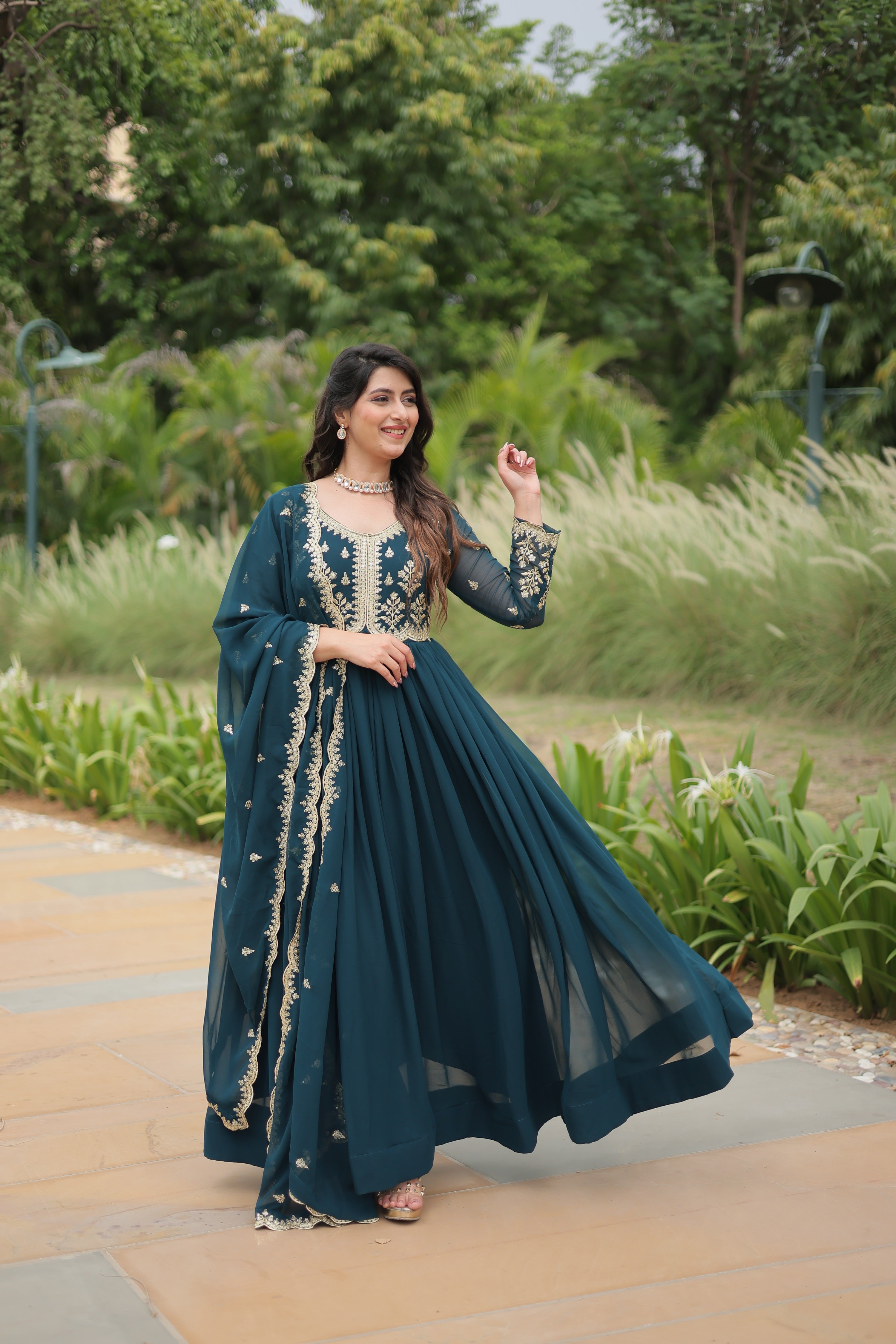 Jyoti Fashion Women's Rama Faux Blooming Sequins with Zari Embroidered Long Anarkali Sets