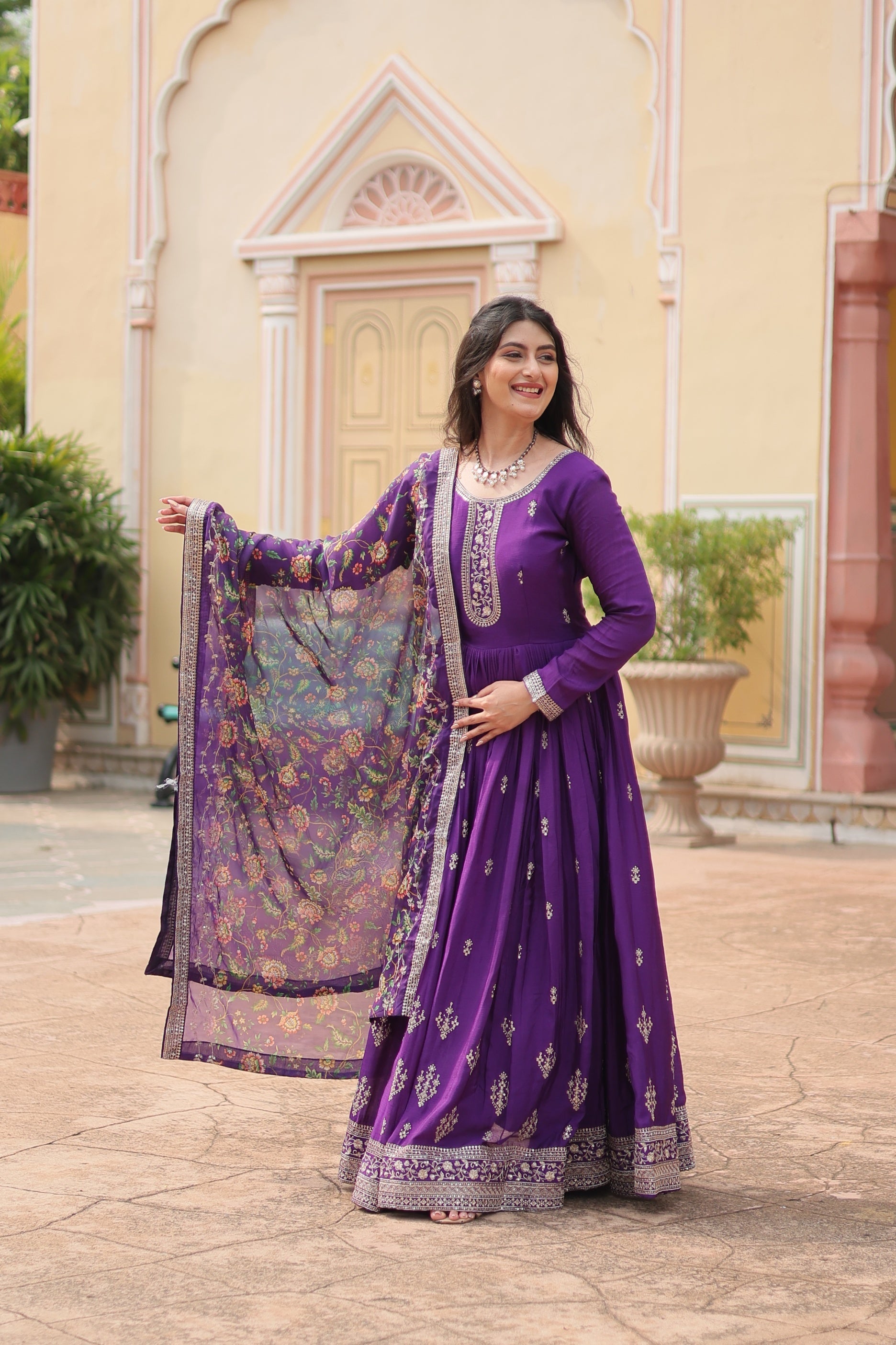 Jyoti Fashion Women's Purple Chinon Rich Sequins Embroidered Long Anarkali Sets