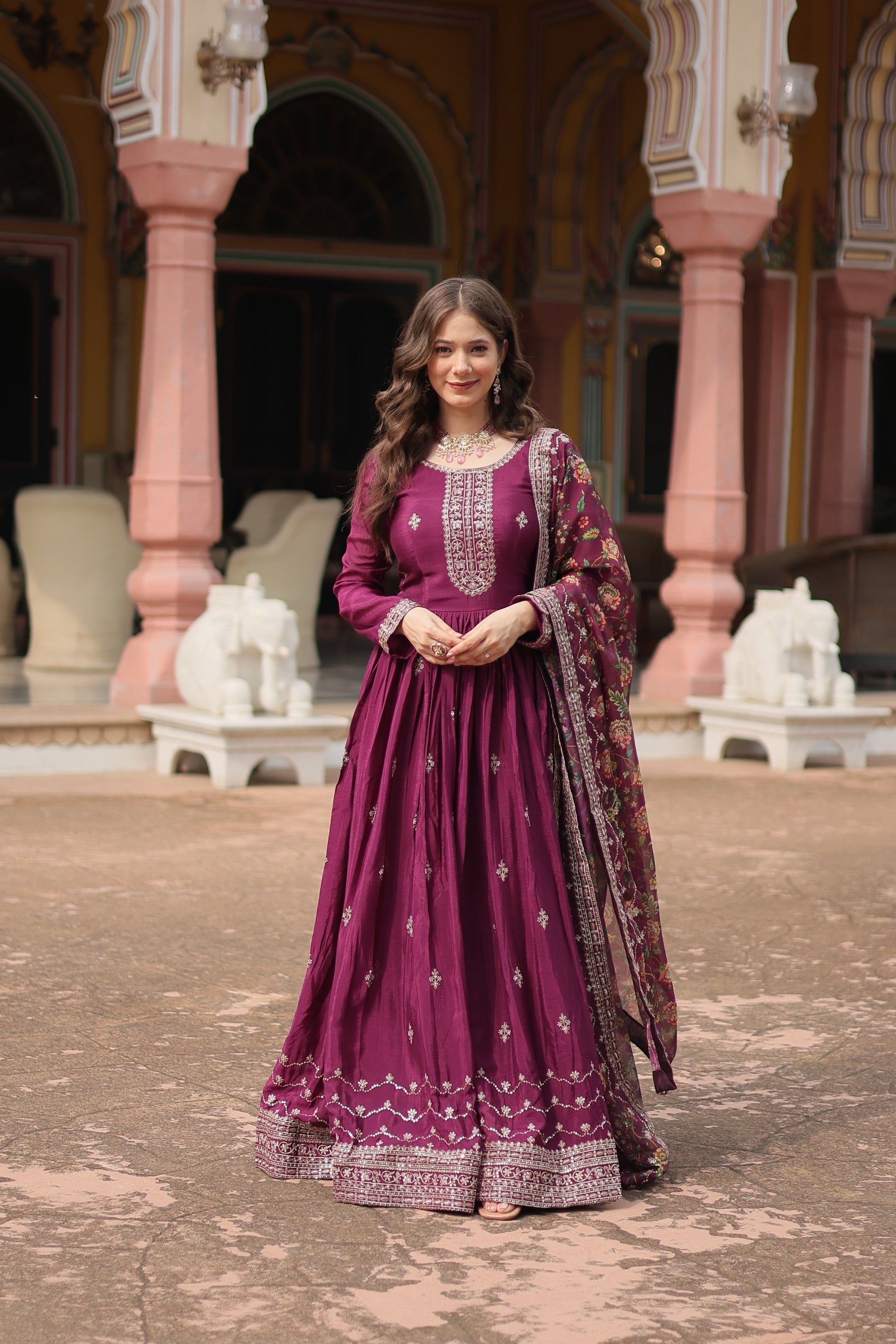 Jyoti Fashion Women's Wine Chinon Rich Sequins Embroidered Long Anarkali Sets