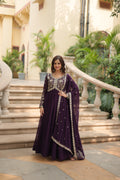 Jyoti Fashion Women's Wine Faux Blooming Sequins Zari Embroidered Long Anarkali Sets