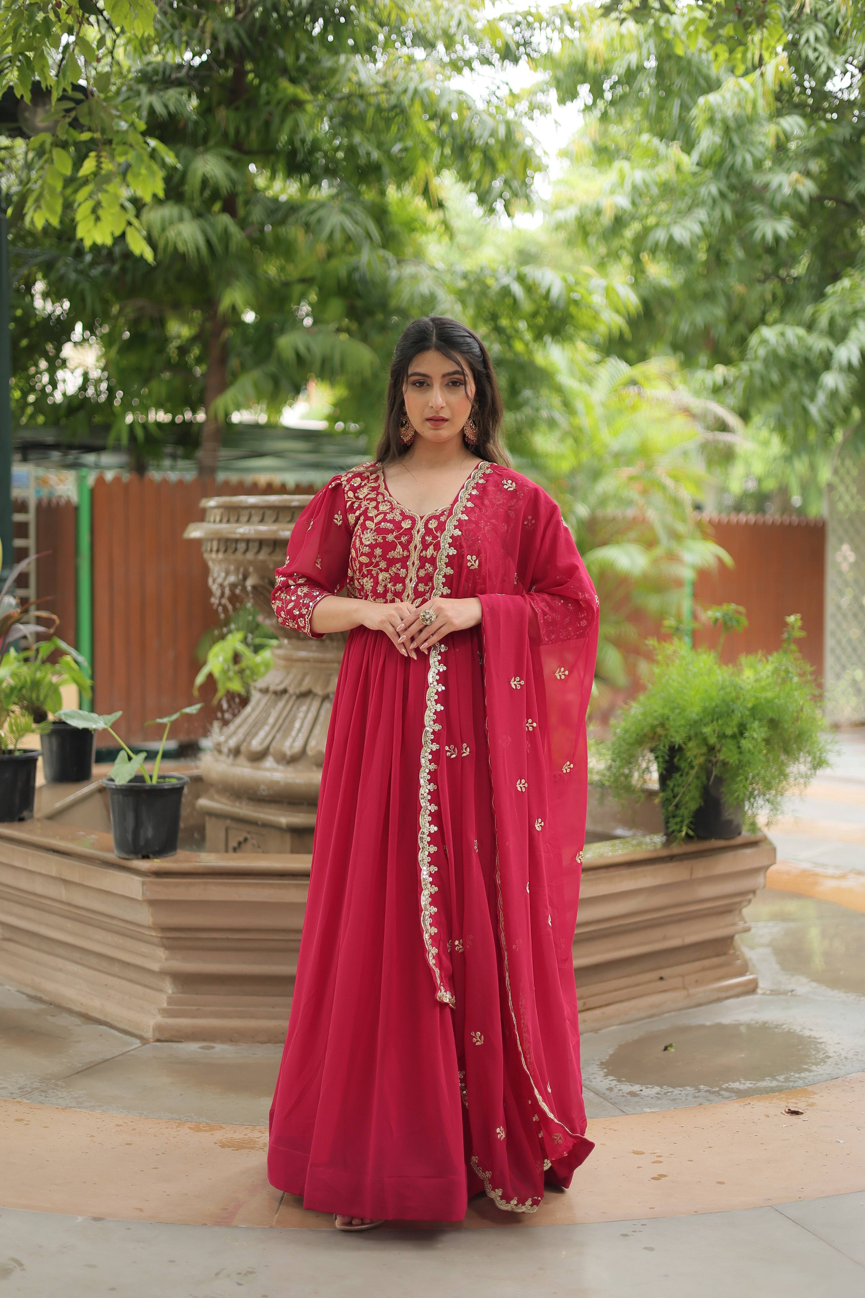 Jyoti Fashion Women's Rani Pink Faux Blooming Sequins Zari Embroidered Long Anarkali Sets