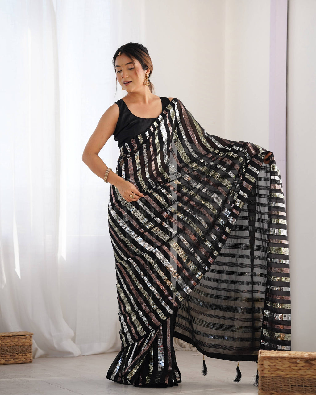 Jyoti Fashion Women's Black Georgette Multi Sequins Designer Saree with Blouse