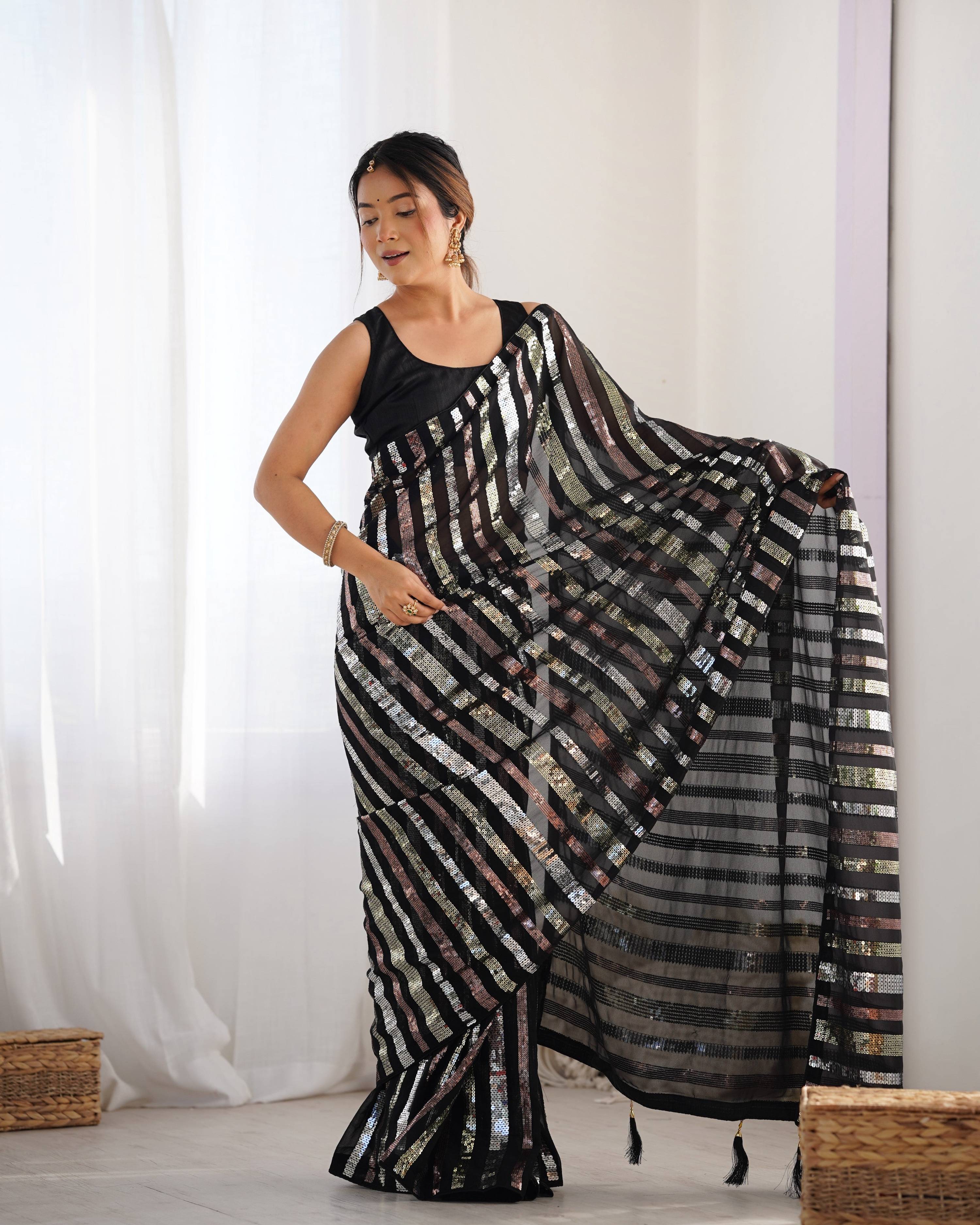 Jyoti Fashion Women's Black Georgette Multi Sequins Designer Saree with Blouse