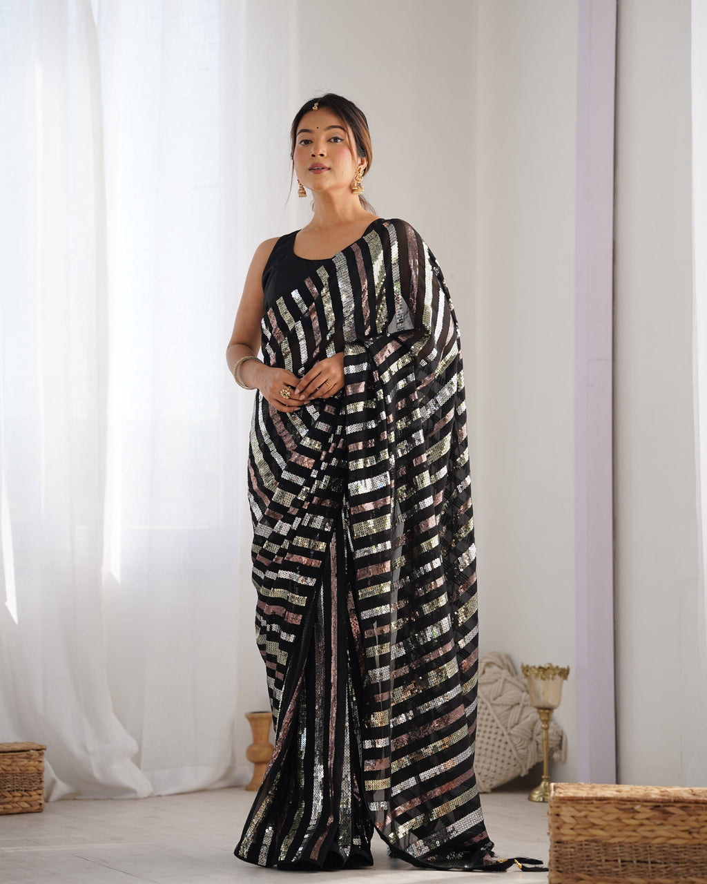 Jyoti Fashion Women's Black Georgette Multi Sequins Designer Saree with Blouse