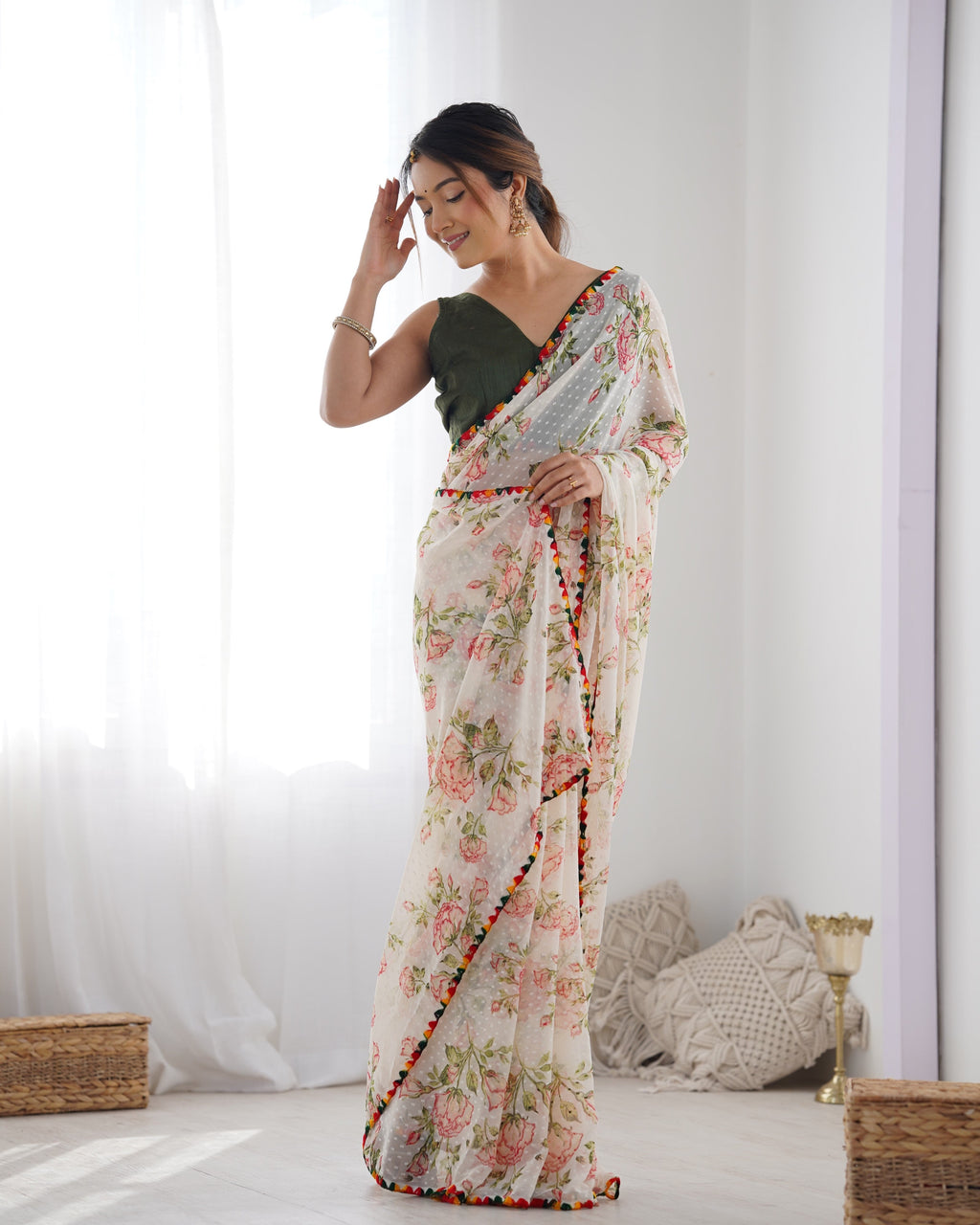 Jyoti Fashion Women's Off-White Georgette Printed Designer Saree with Blouse