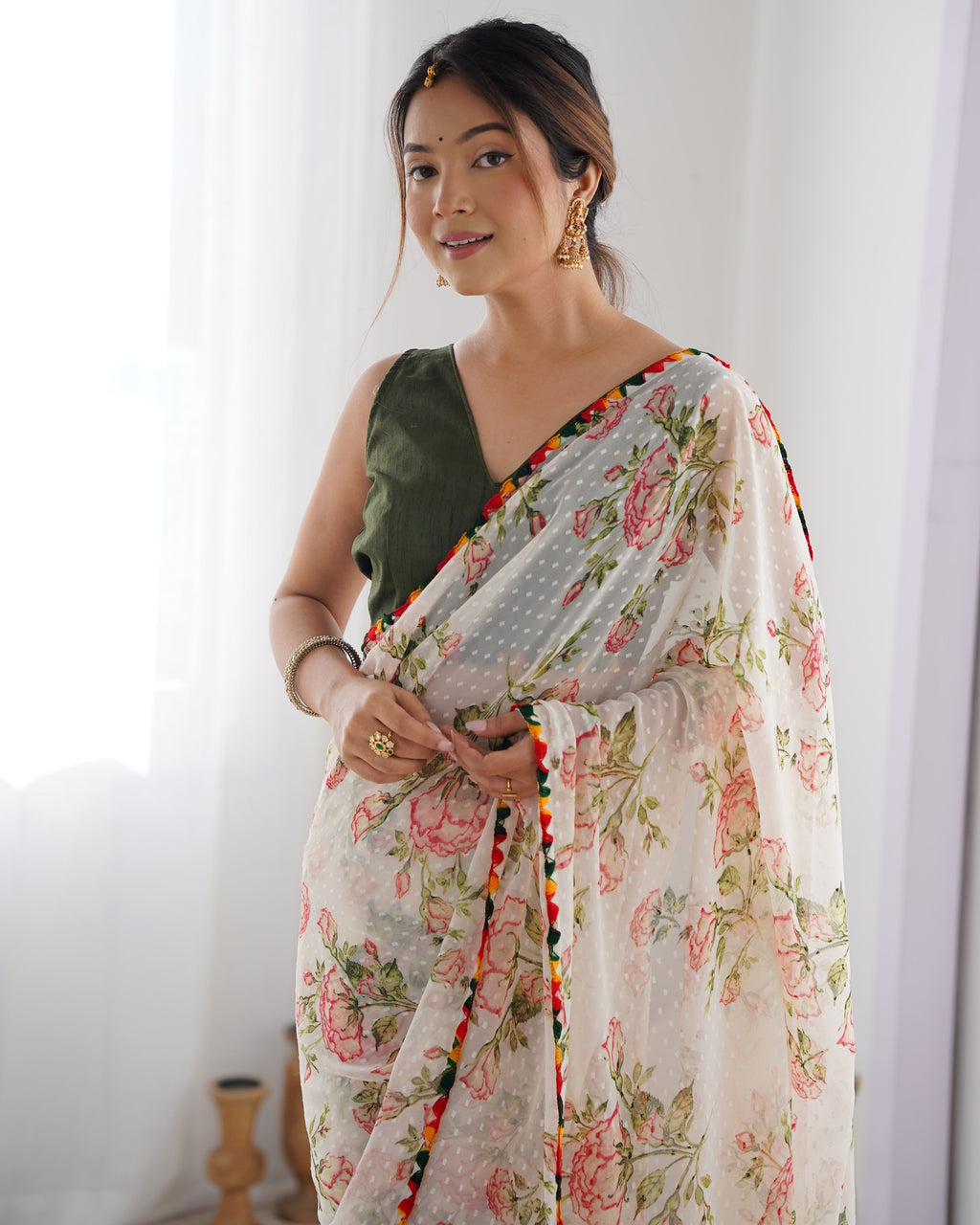 Jyoti Fashion Women's Off-White Georgette Printed Designer Saree with Blouse