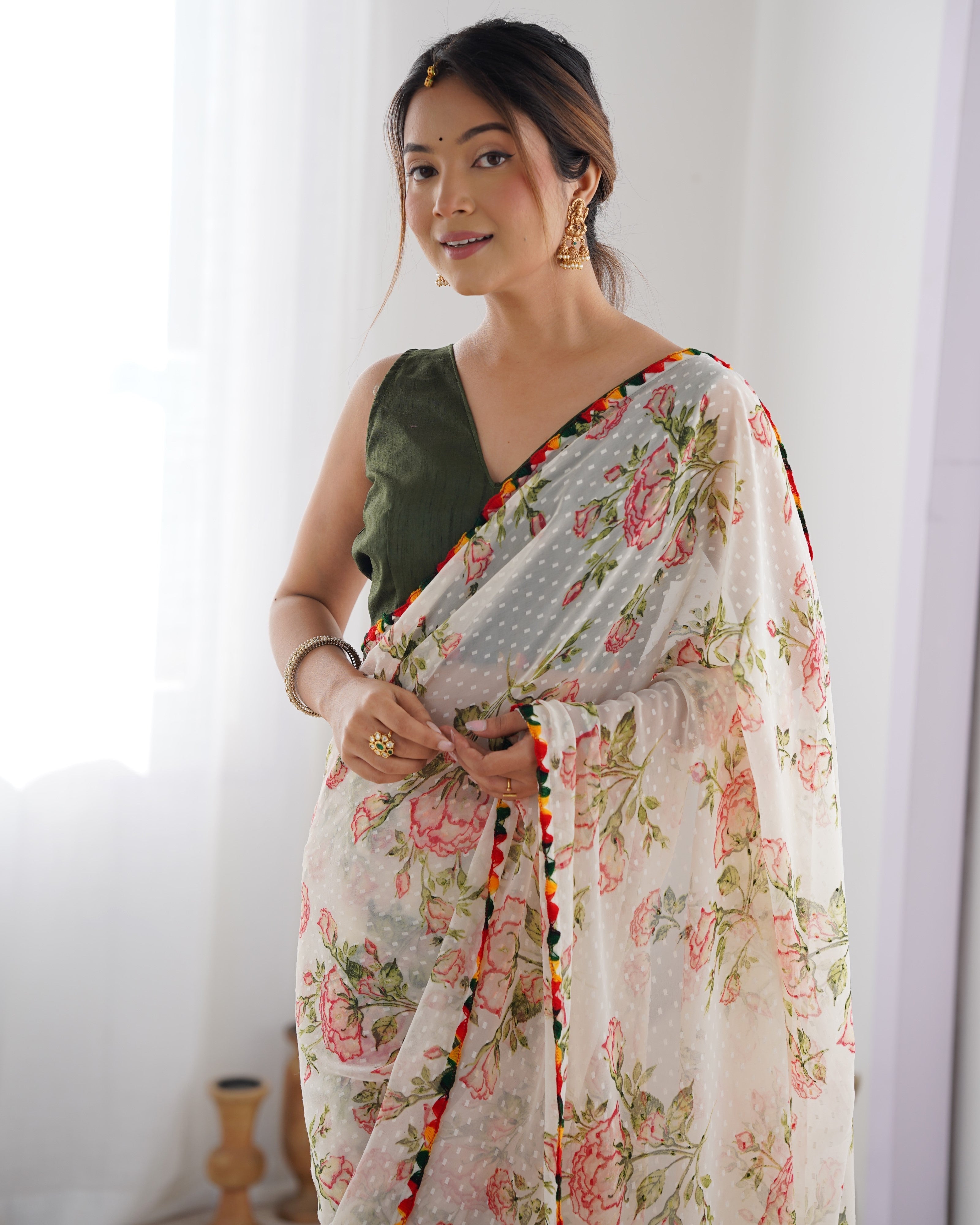 Jyoti Fashion Women's Off-White Georgette Printed Designer Saree with Blouse