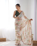 Jyoti Fashion Women's Off-White Georgette Printed Designer Saree with Blouse