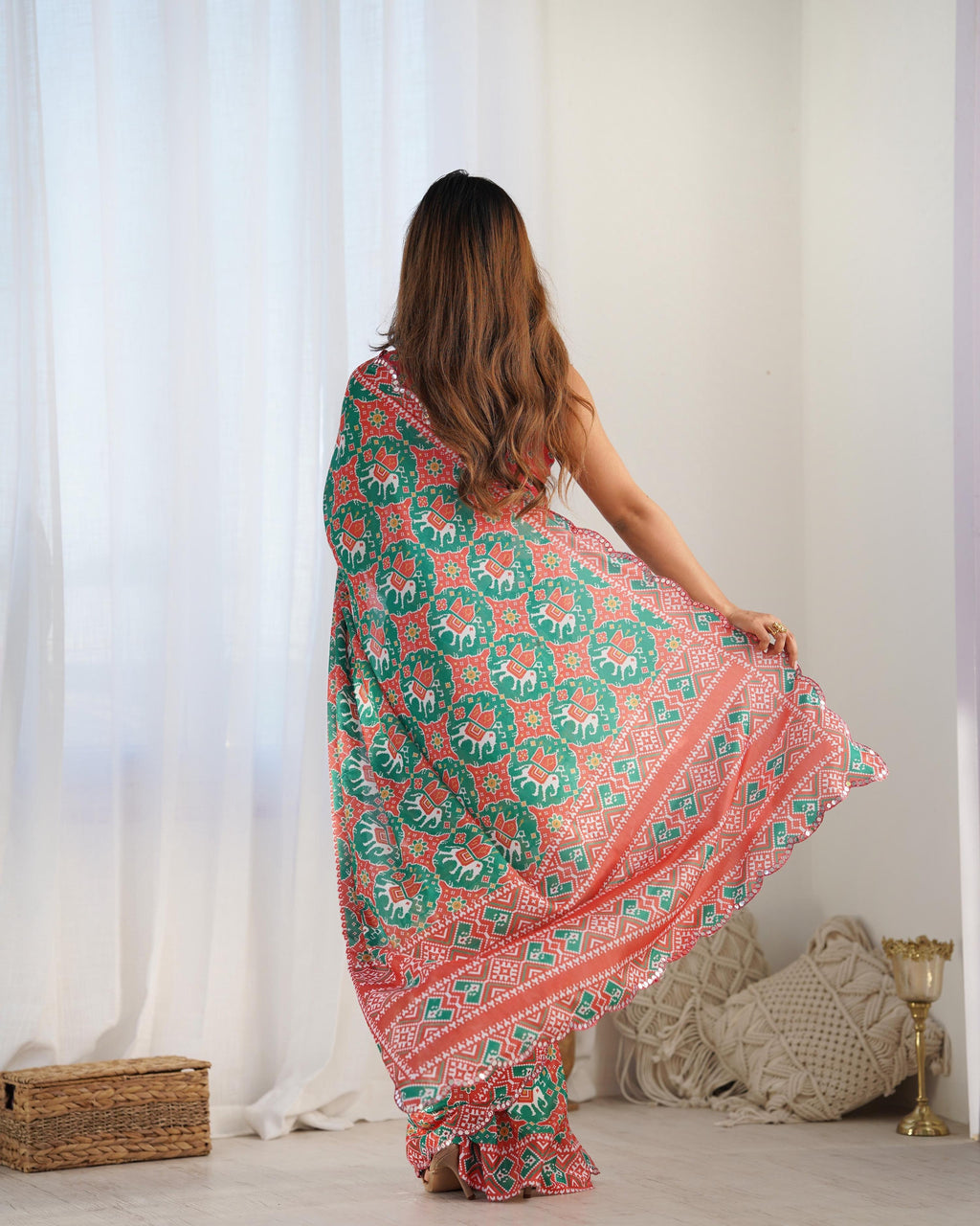 Jyoti Fashion Women's Green Chinon Print with Mirror Work Designer Saree with Blouse