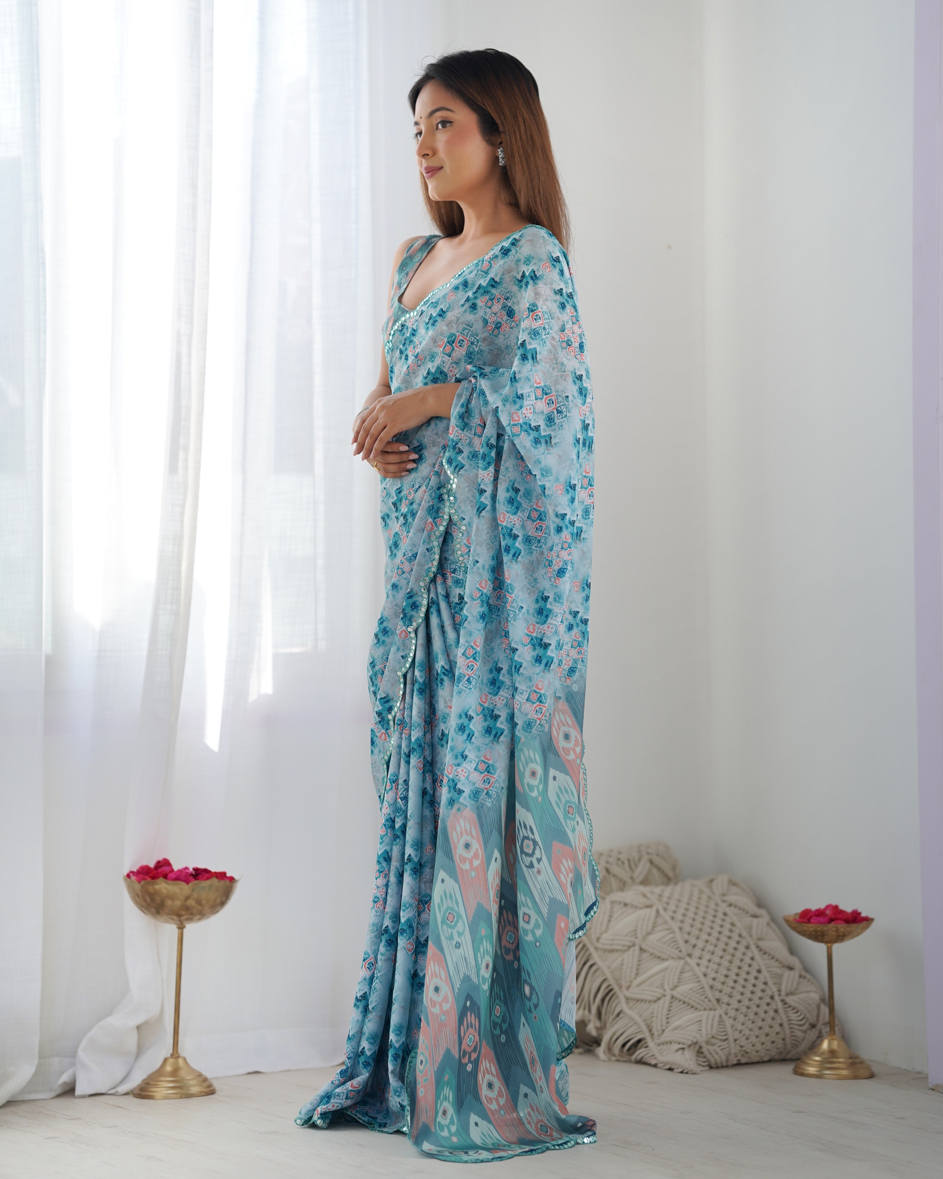 Jyoti Fashion Women's Sky Blue Chinon Print with Mirror Work Designer Saree with Blouse
