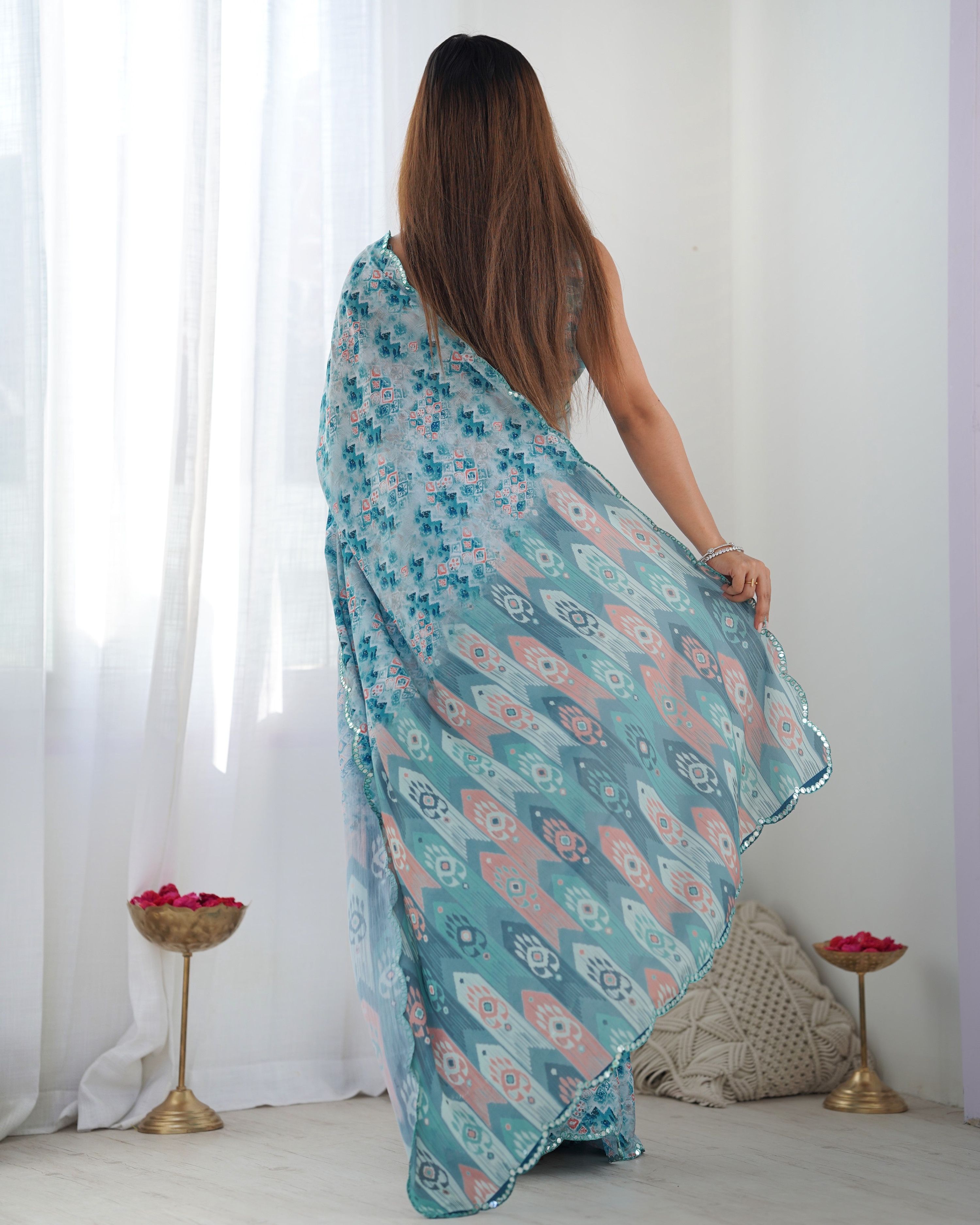 Jyoti Fashion Women's Sky Blue Chinon Print with Mirror Work Designer Saree with Blouse