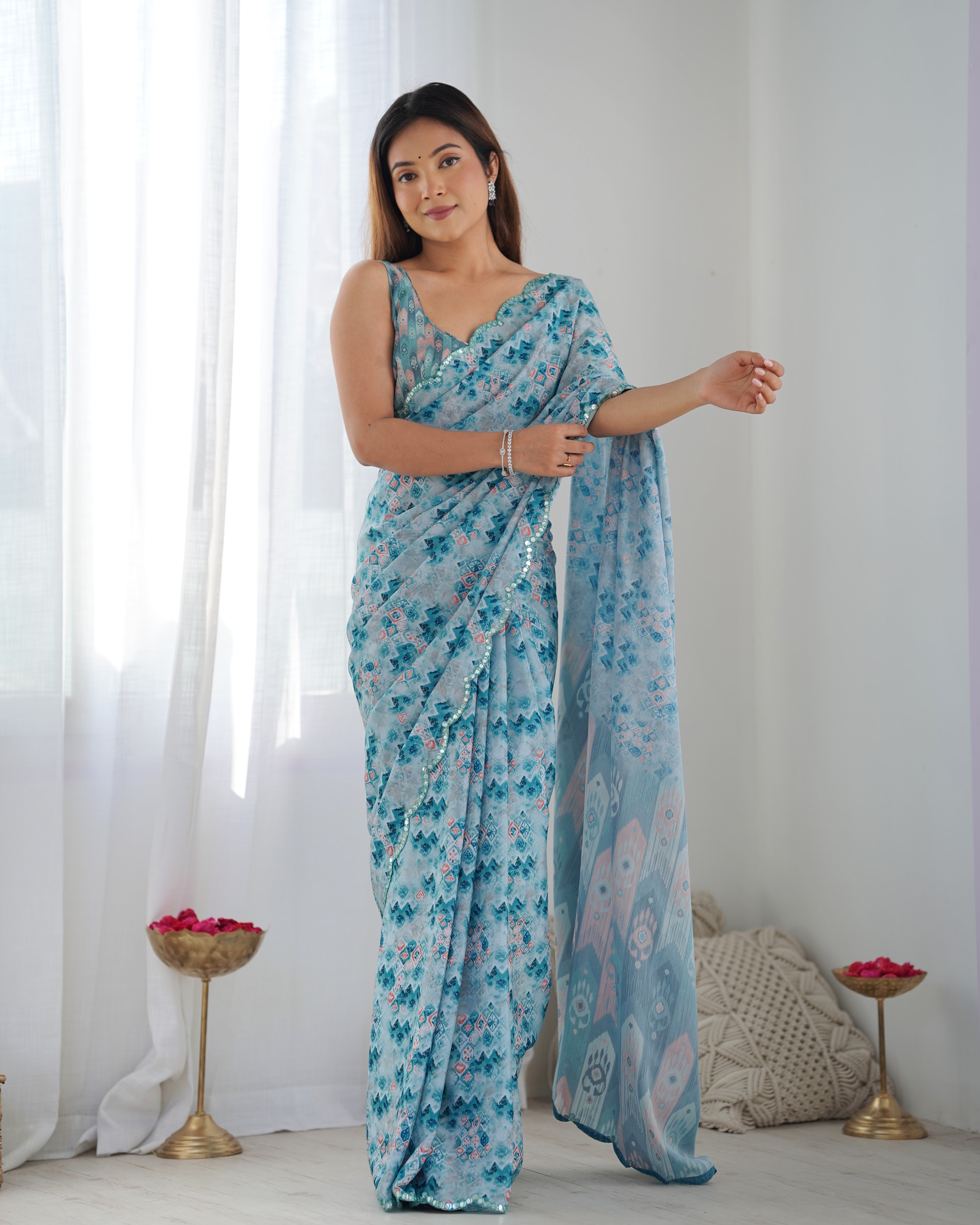 Jyoti Fashion Women's Sky Blue Chinon Print with Mirror Work Designer Saree with Blouse