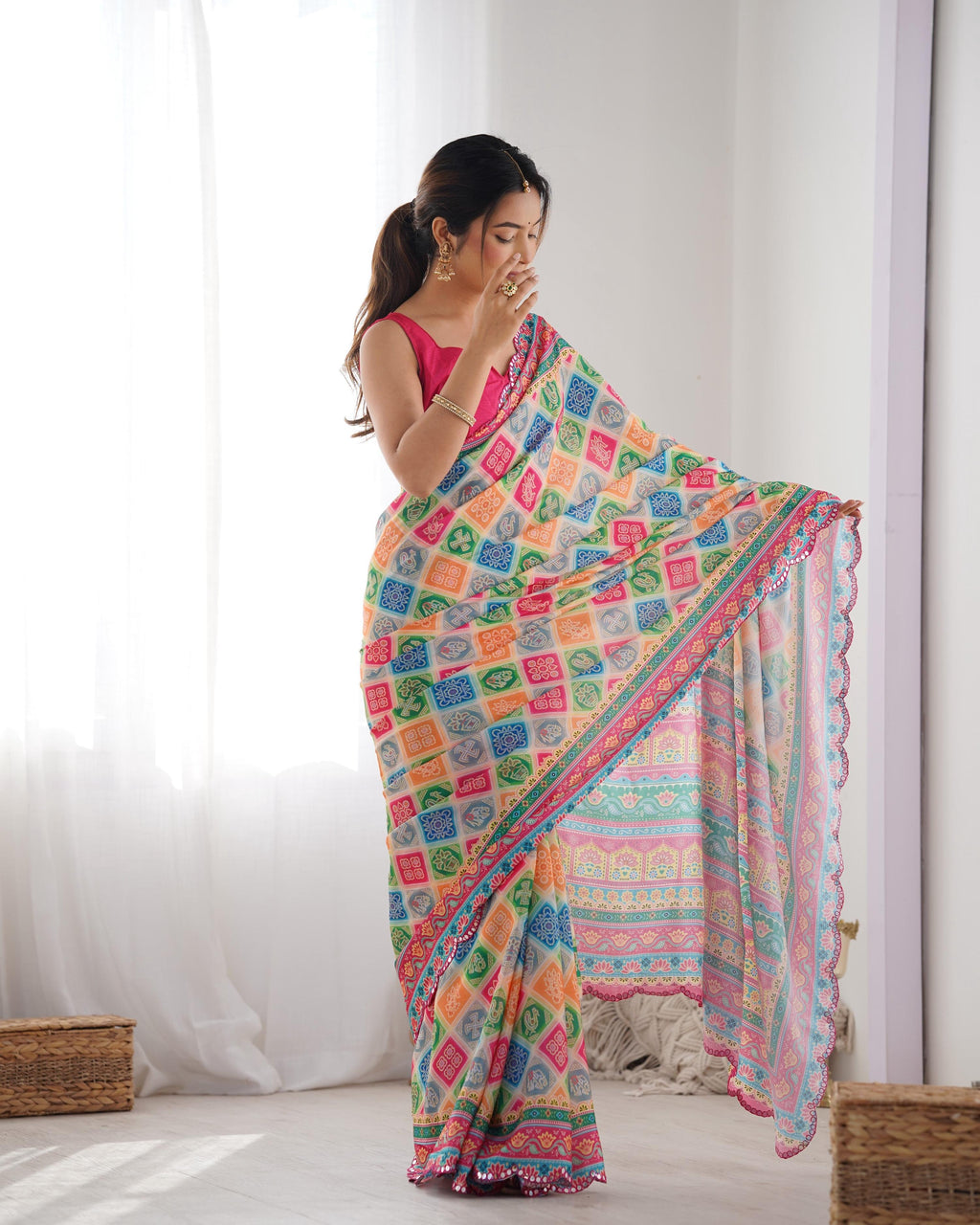 Jyoti Fashion Women's Multicolor Chinon Print with Mirror Work Designer Saree with Blouse