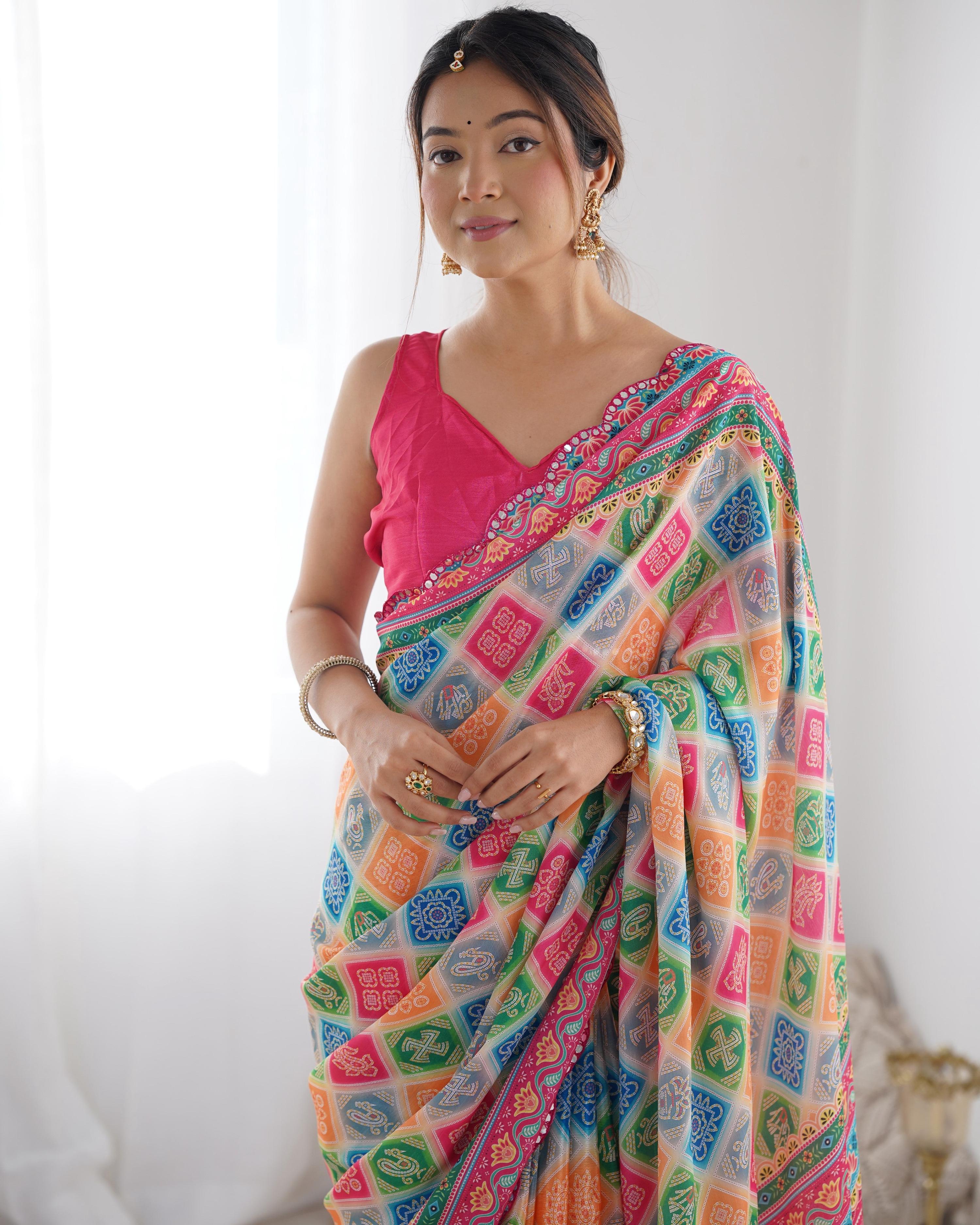 Jyoti Fashion Women's Multicolor Chinon Print with Mirror Work Designer Saree with Blouse