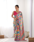 Jyoti Fashion Women's Multicolor Chinon Print with Mirror Work Designer Saree with Blouse