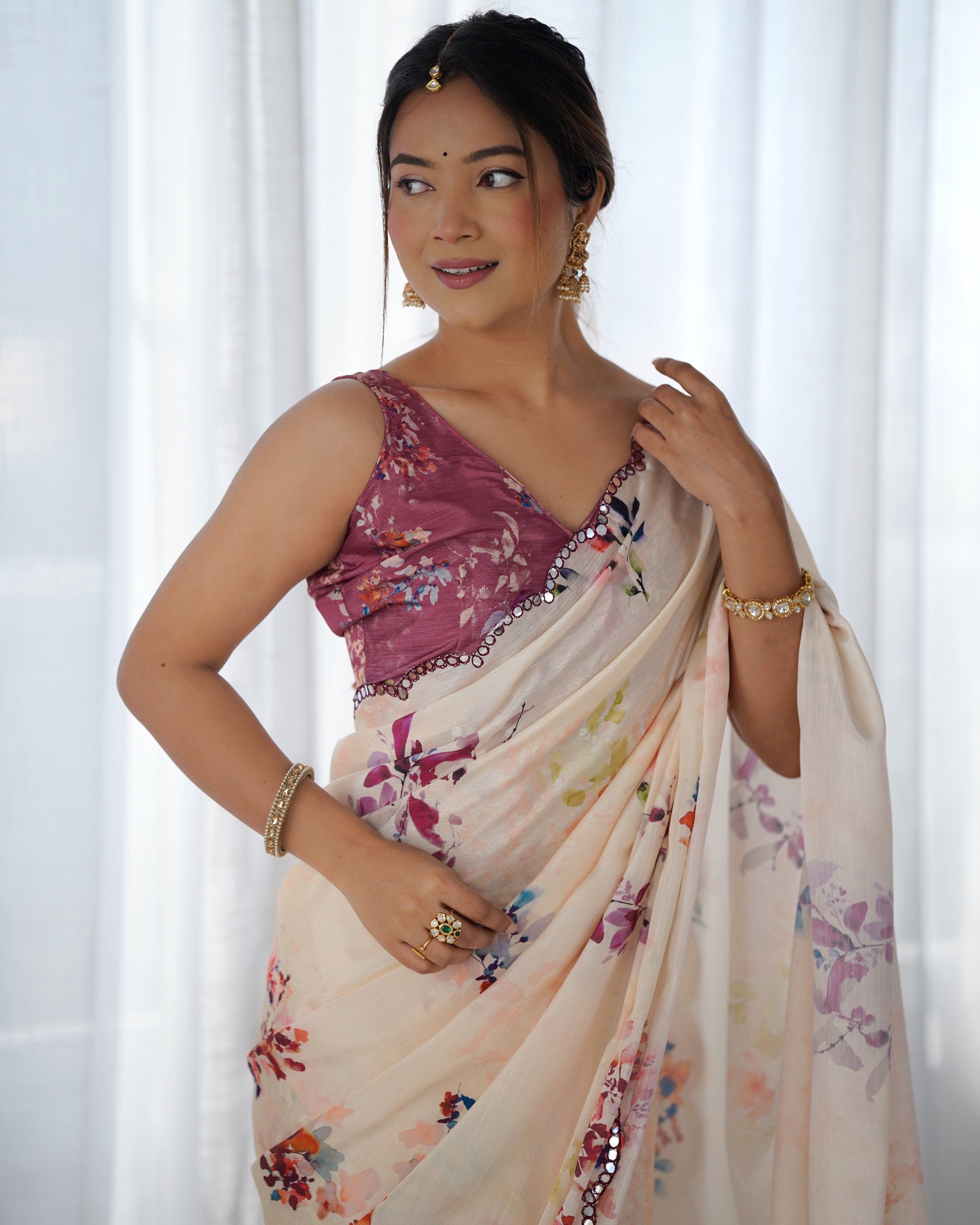 Jyoti Fashion Women's Off White Chinon Print with Mirror Work Designer Saree with Blouse