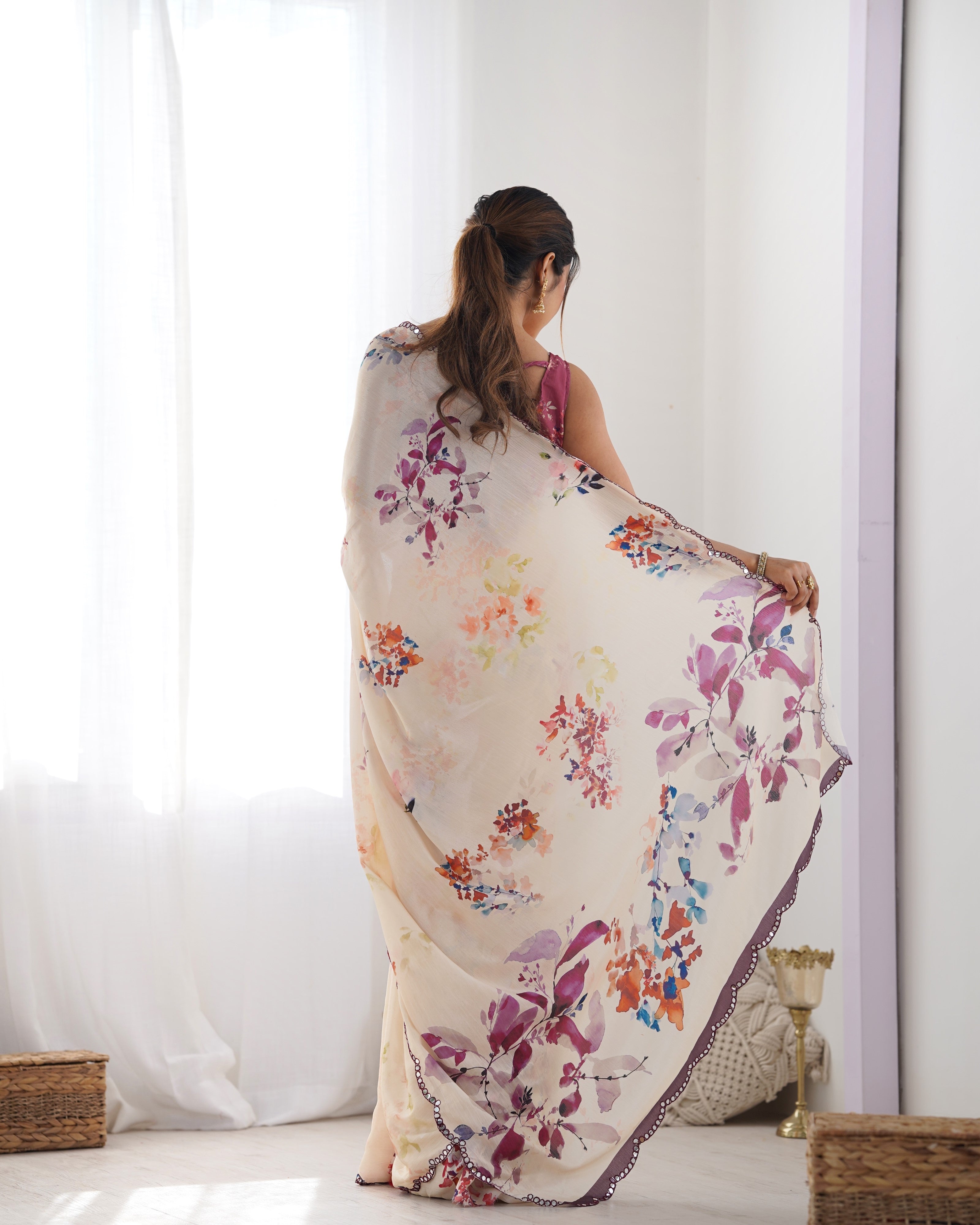 Jyoti Fashion Women's Off White Chinon Print with Mirror Work Designer Saree with Blouse