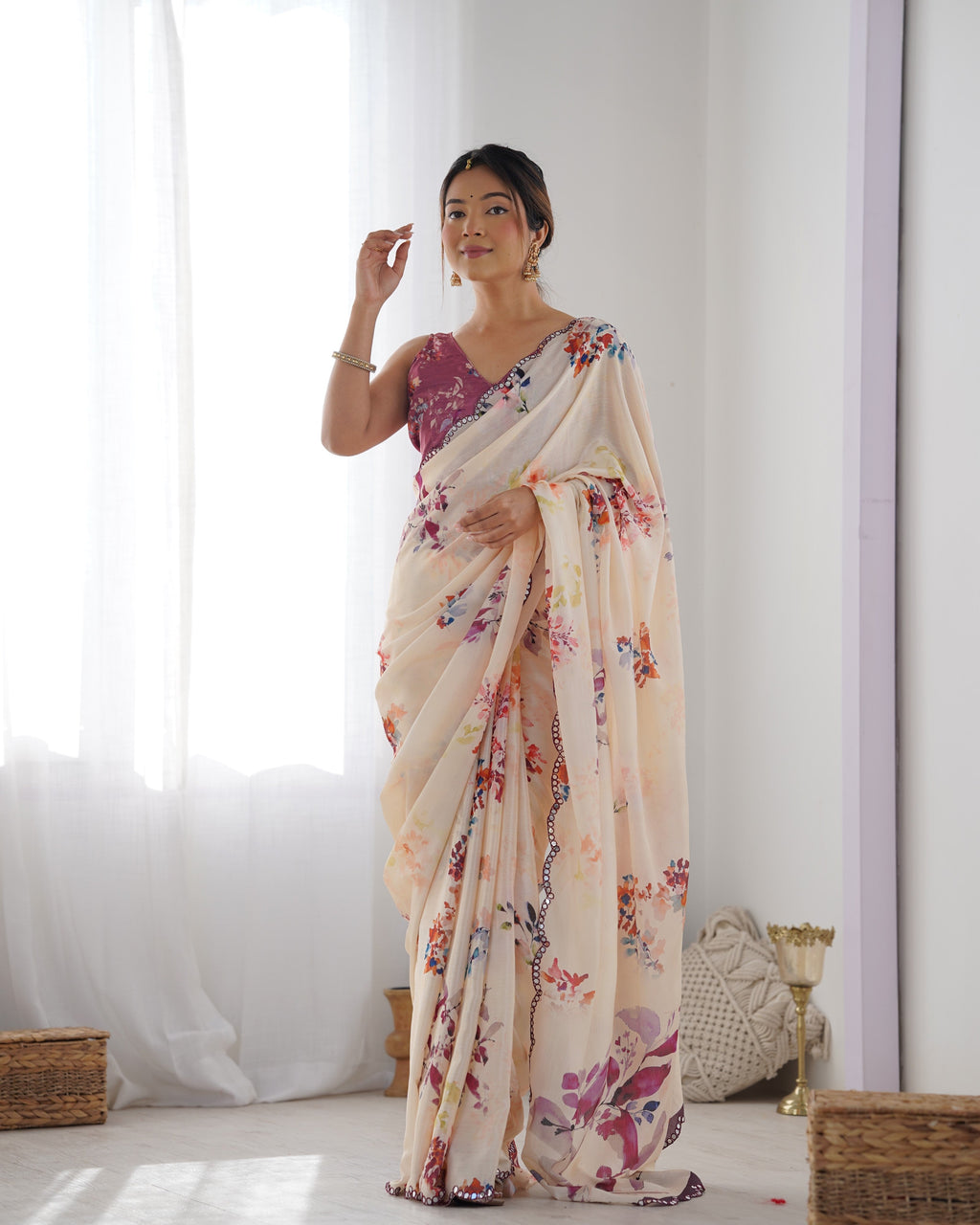 Jyoti Fashion Women's Off White Chinon Print with Mirror Work Designer Saree with Blouse