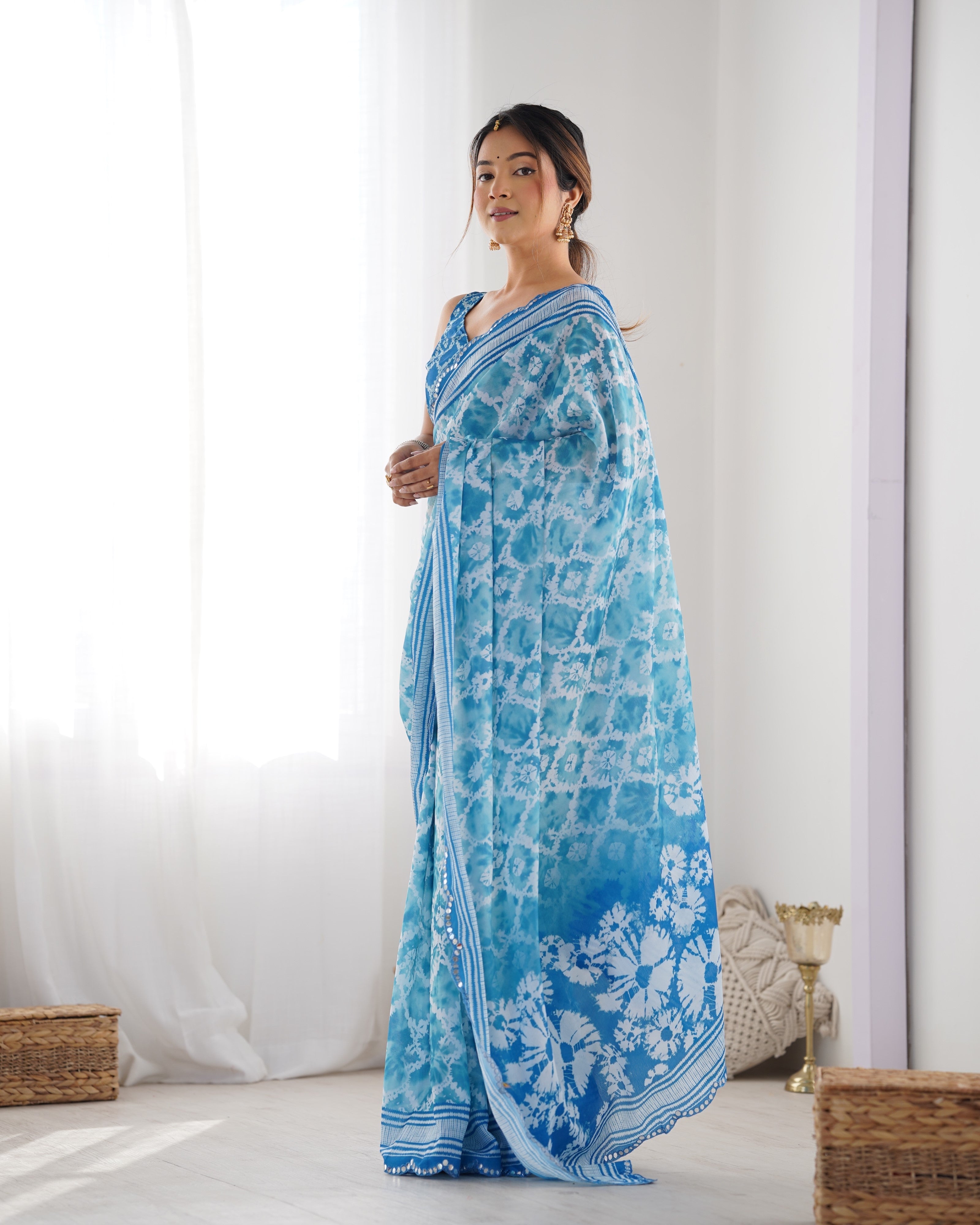 Jyoti Fashion Women's Sky Blue Chinon Print with Mirror Work Designer Saree with Blouse