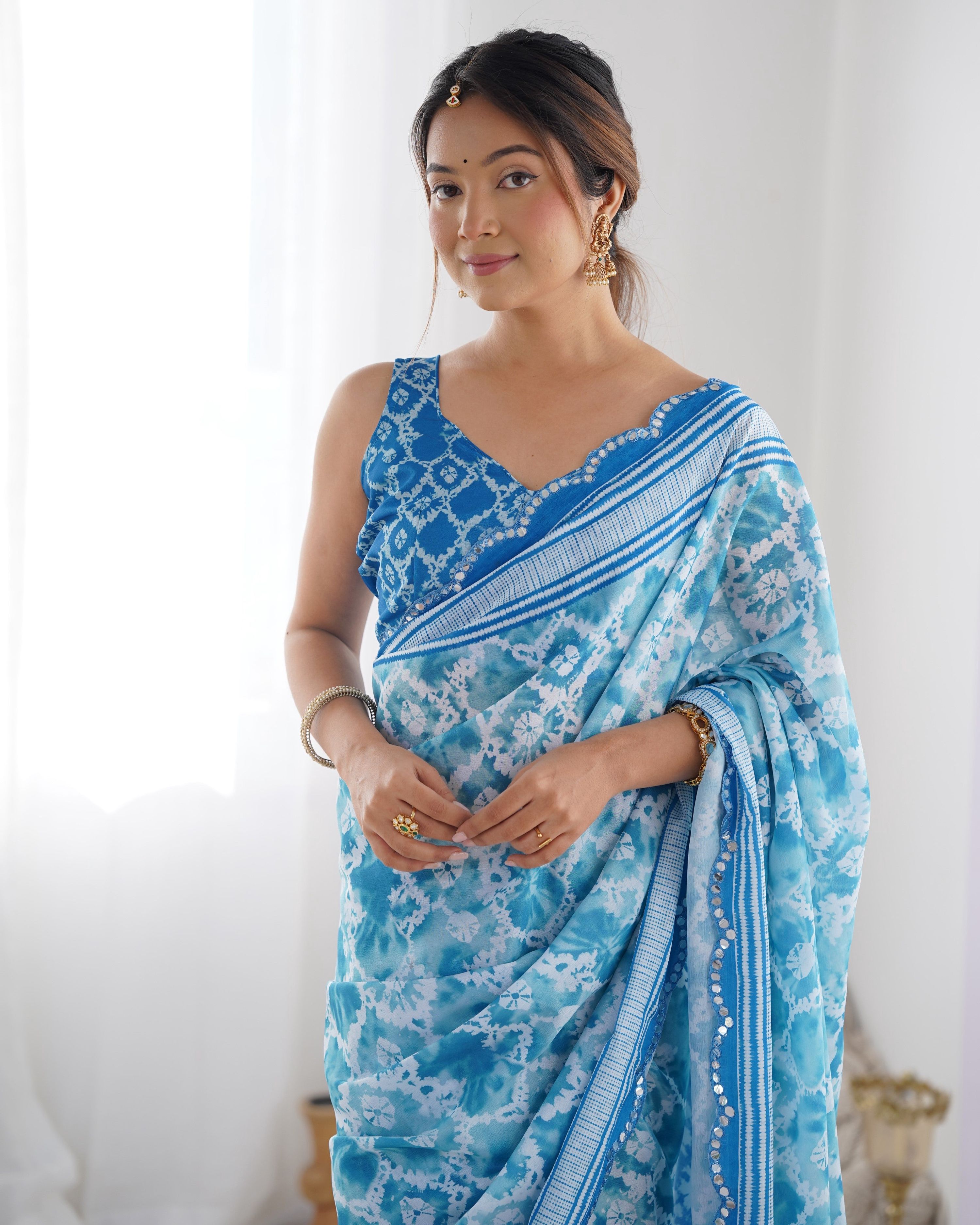 Jyoti Fashion Women's Sky Blue Chinon Print with Mirror Work Designer Saree with Blouse