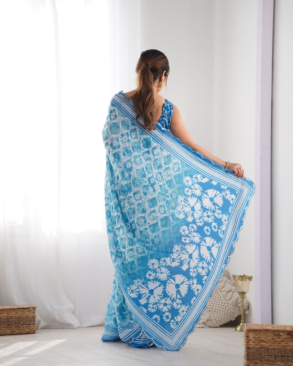 Jyoti Fashion Women's Sky Blue Chinon Print with Mirror Work Designer Saree with Blouse