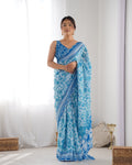 Jyoti Fashion Women's Sky Blue Chinon Print with Mirror Work Designer Saree with Blouse