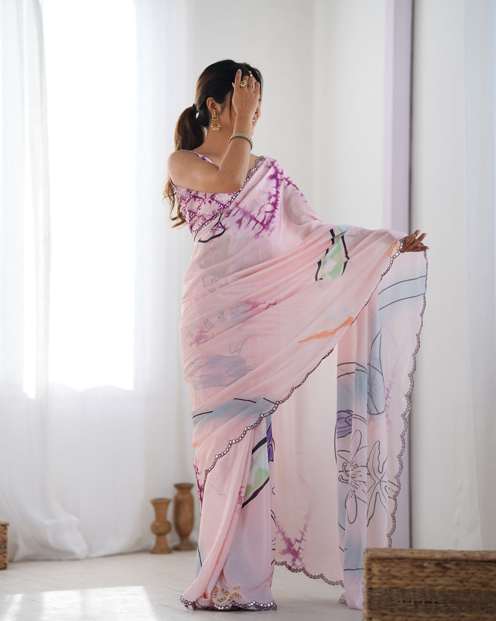 Jyoti Fashion Women's Peach Chinon Print with Mirror Work Designer Saree with Blouse
