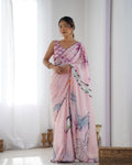 Jyoti Fashion Women's Peach Chinon Print with Mirror Work Designer Saree with Blouse