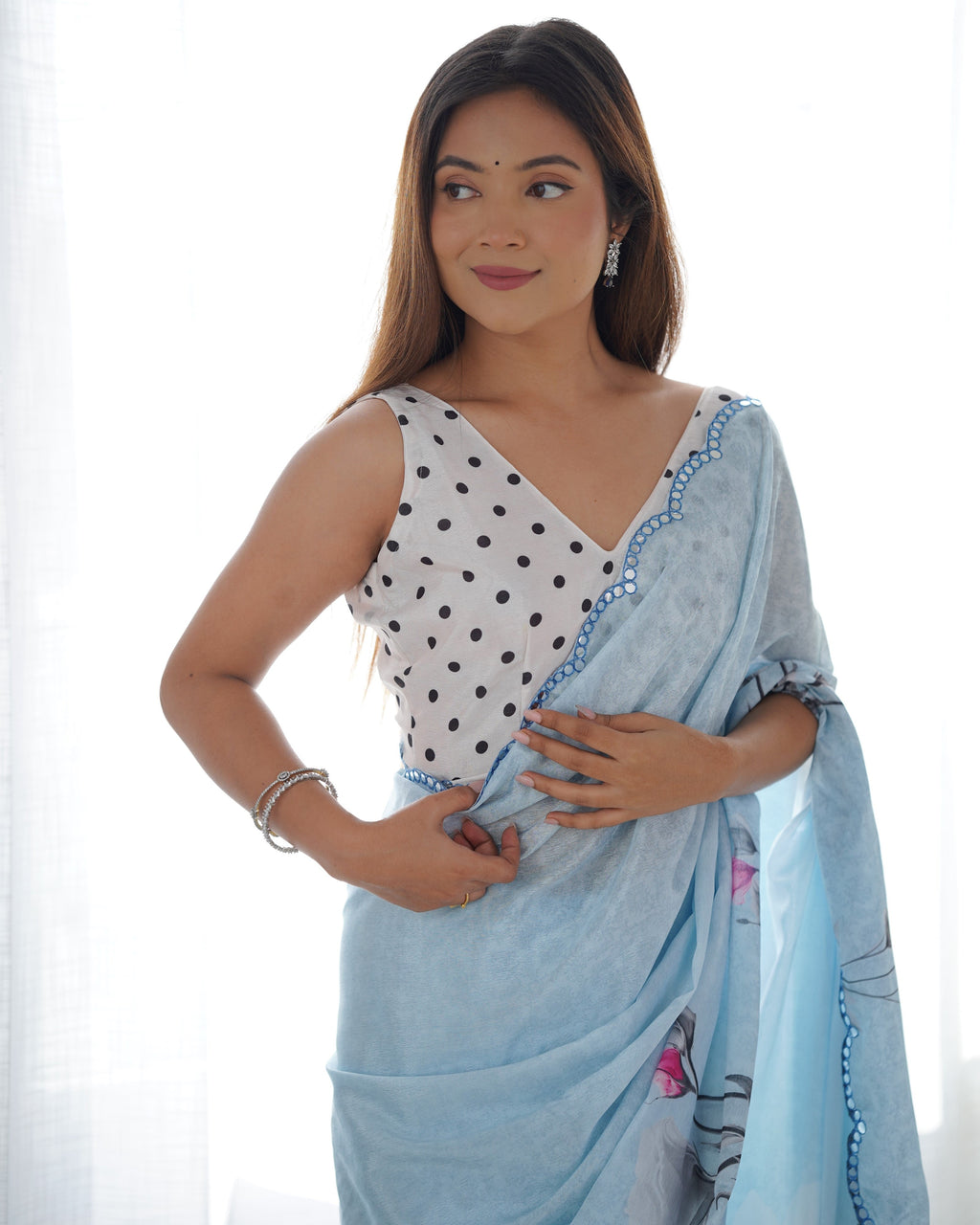 Jyoti Fashion Women's Sky Blue Chinon Print with Mirror Work Designer Saree with Blouse