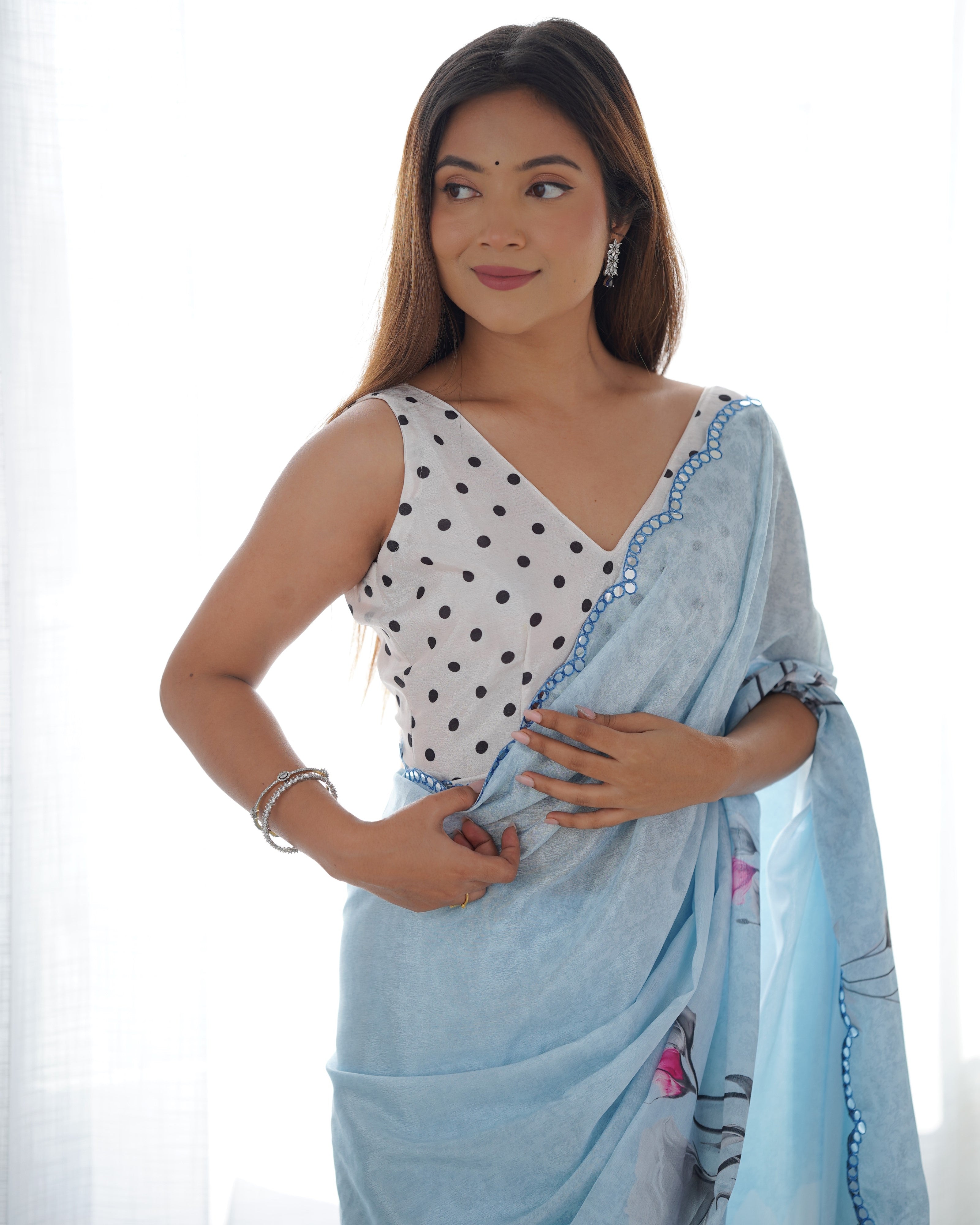 Jyoti Fashion Women's Sky Blue Chinon Print with Mirror Work Designer Saree with Blouse