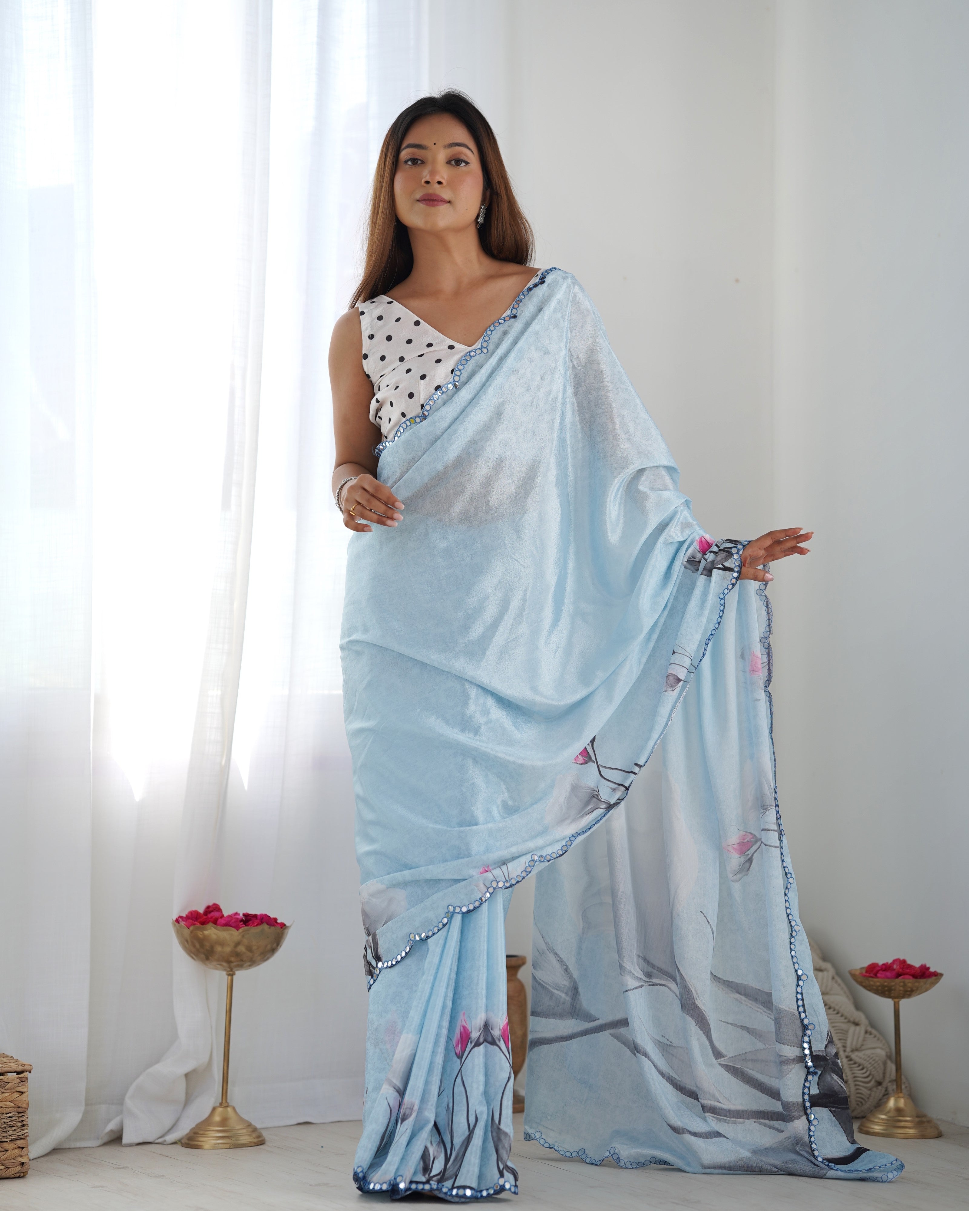 Jyoti Fashion Women's Sky Blue Chinon Print with Mirror Work Designer Saree with Blouse