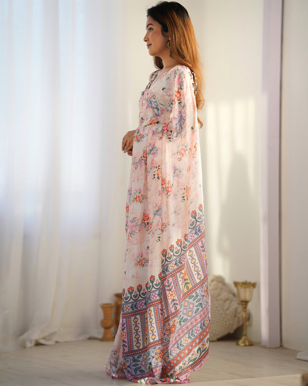 Jyoti Fashion Women's Peach Chinon Print with Mirror Work Designer Saree with Blouse