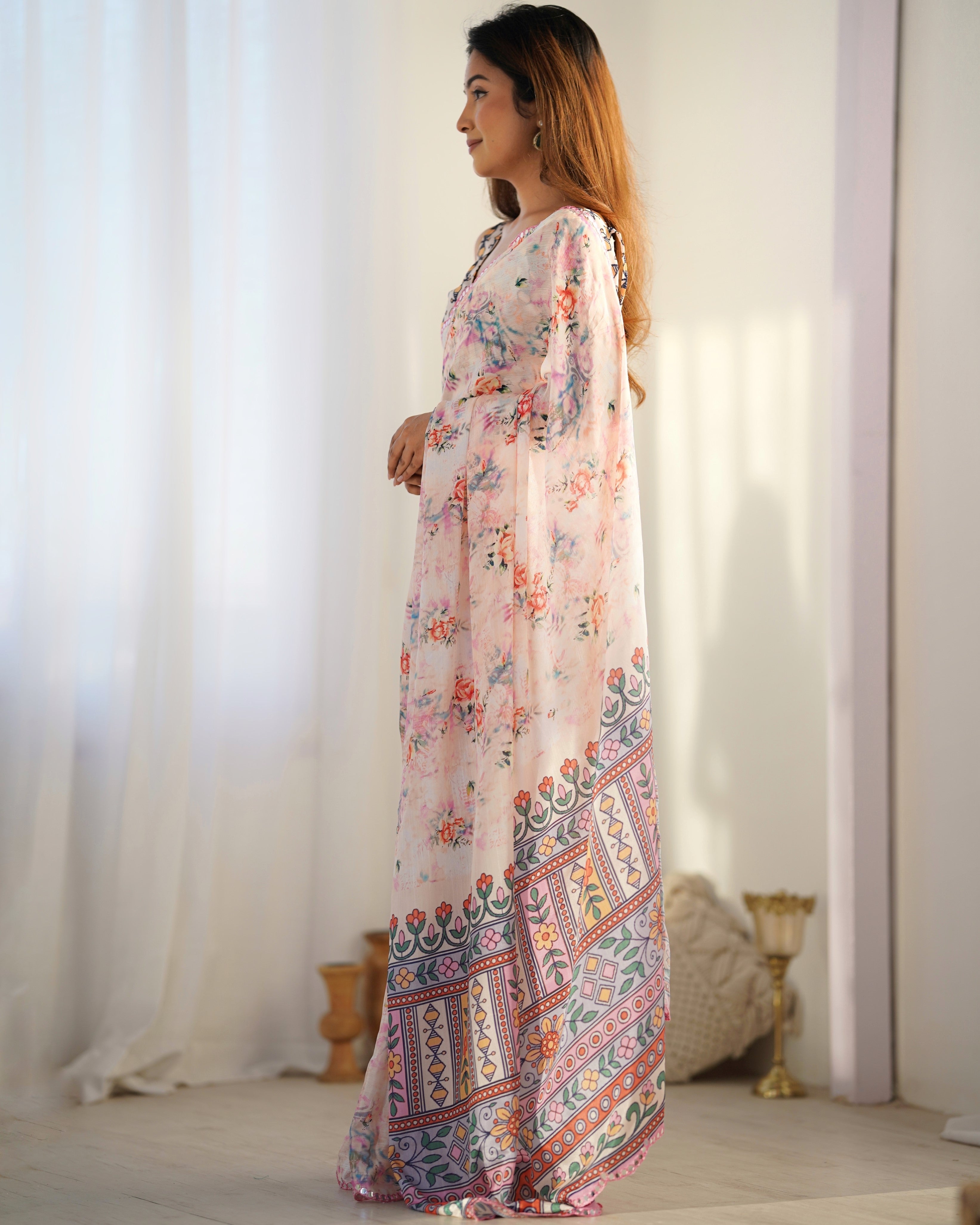 Jyoti Fashion Women's Peach Chinon Print with Mirror Work Designer Saree with Blouse