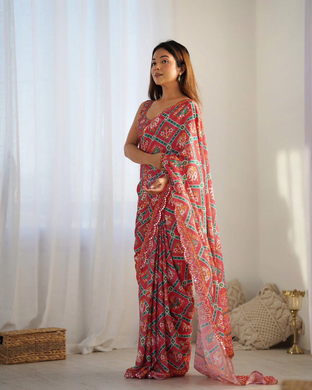 Jyoti Fashion Women's Maroon Chinon Print with Mirror Work Designer Saree with Blouse