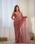 Jyoti Fashion Women's Maroon Chinon Print with Mirror Work Designer Saree with Blouse
