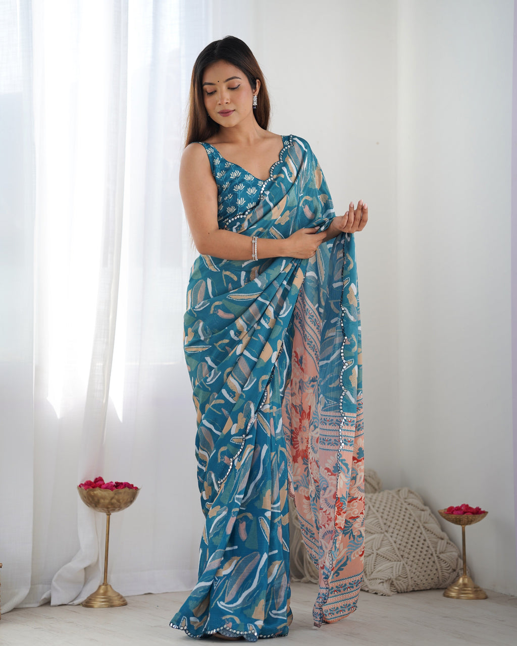 Jyoti Fashion Women's Blue Chinon Print with Mirror Work Designer Saree with Blouse