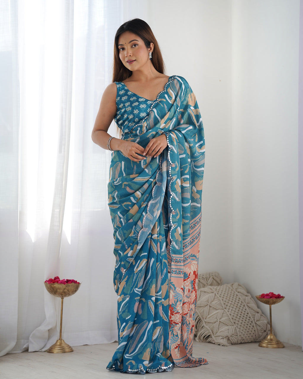 Jyoti Fashion Women's Blue Chinon Print with Mirror Work Designer Saree with Blouse