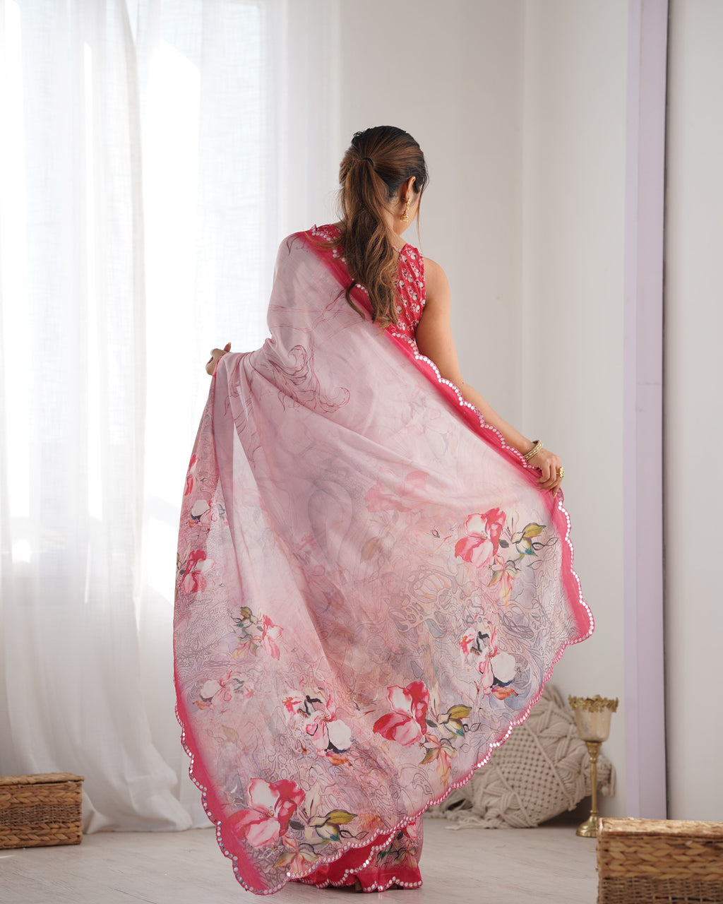 Jyoti Fashion Women's Pink Chinon Print with Mirror Work Designer Saree with Blouse